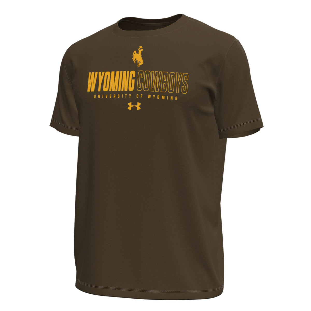 Brown tee with gold bucking horse and "Wyoming Cowboys" chest print, "University of Wyoming" and UA logo stacked beneath.