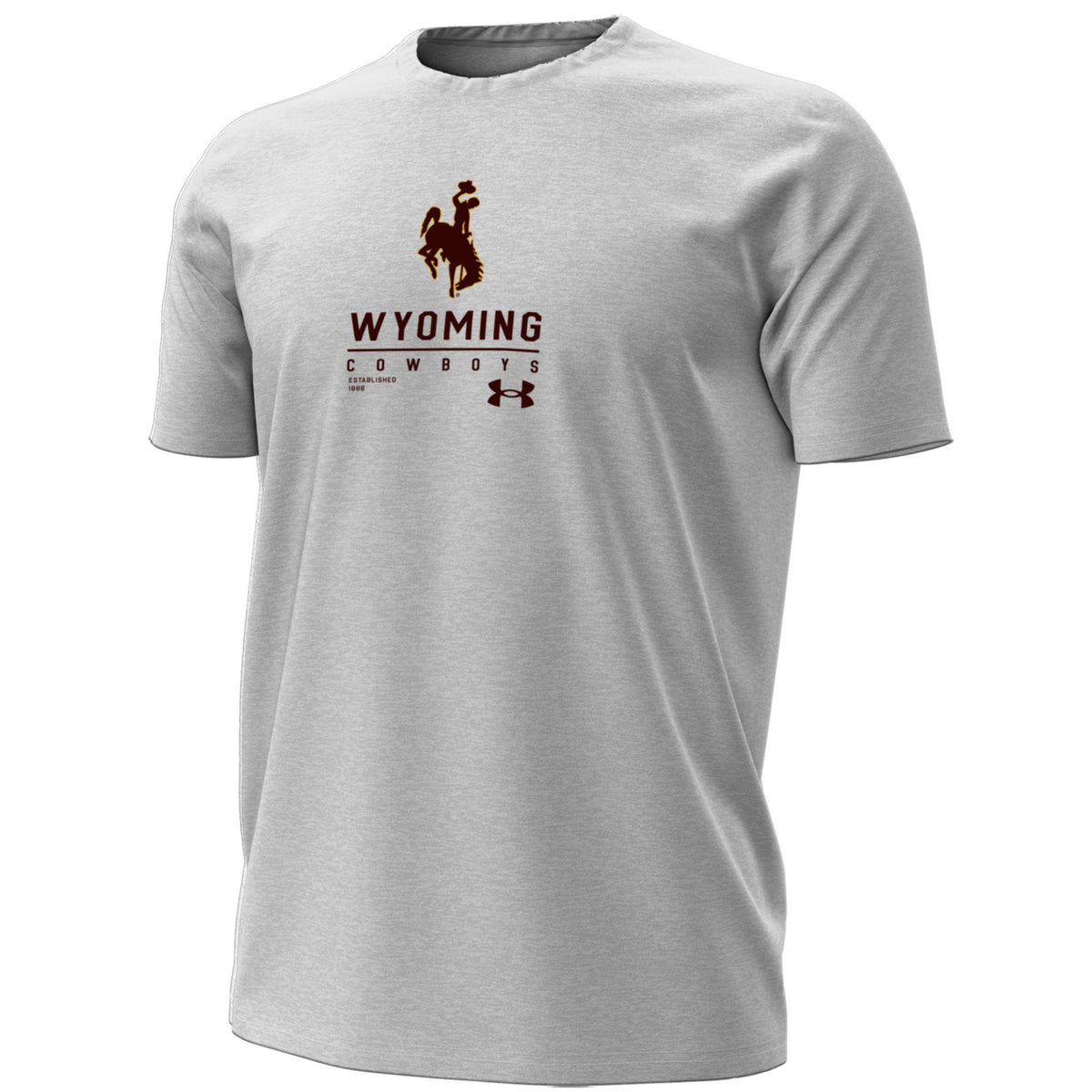grey tee shirt with design center chest. design is brown and is bucking horse wyoming like cowboys with under armor logo