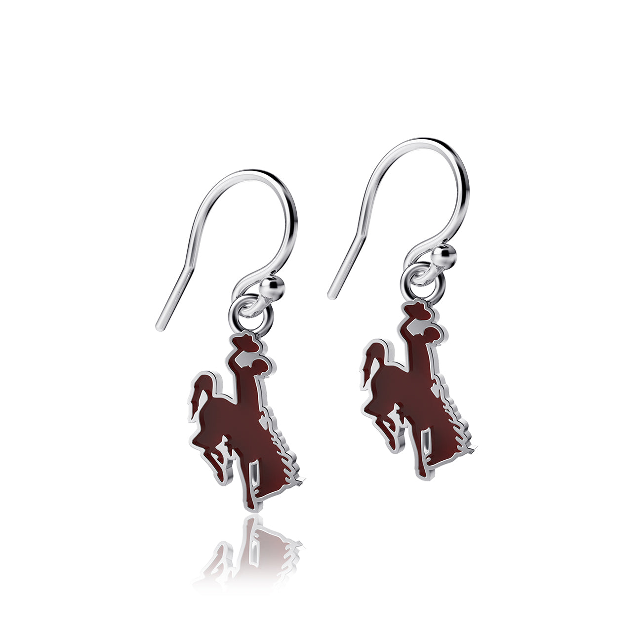 silver and brown bucking horse dangle earrings. inside of bucking horse is brown, rest is silver