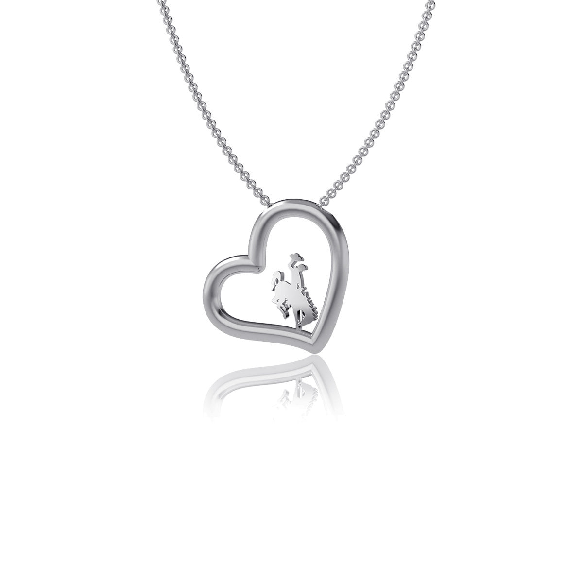 silver heart necklace with bucking horse in the center of the heart
