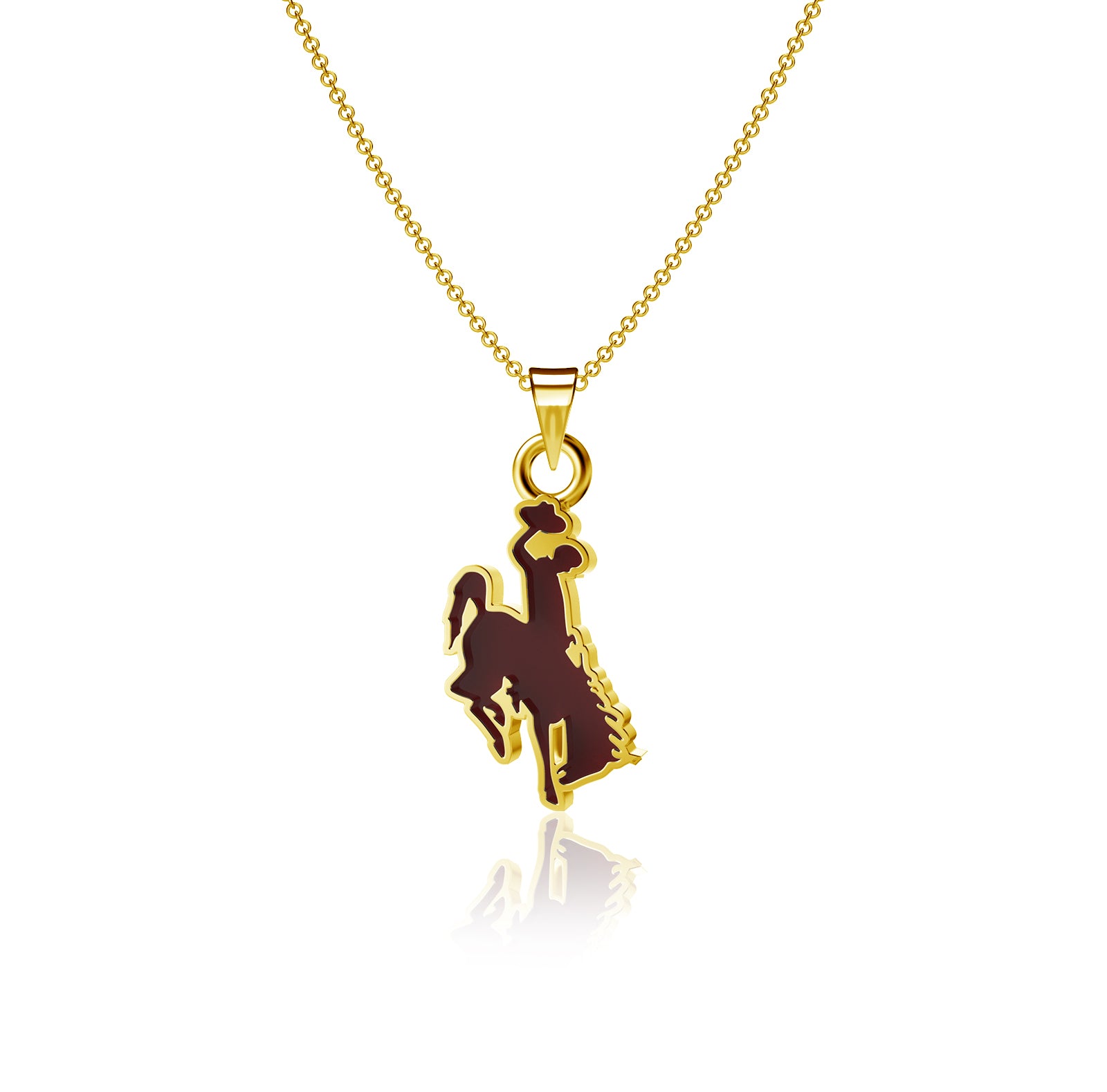 gold necklace with gold bucking horse pendant with brown enamel fill.