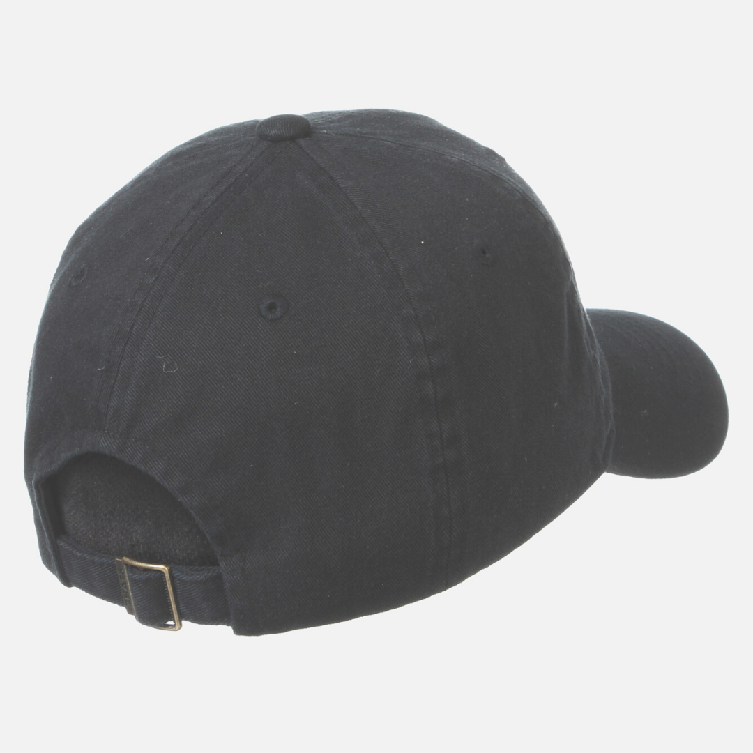 back view of charcoal grey, unstructured adjustable hat. metal loop closure on back of hat
