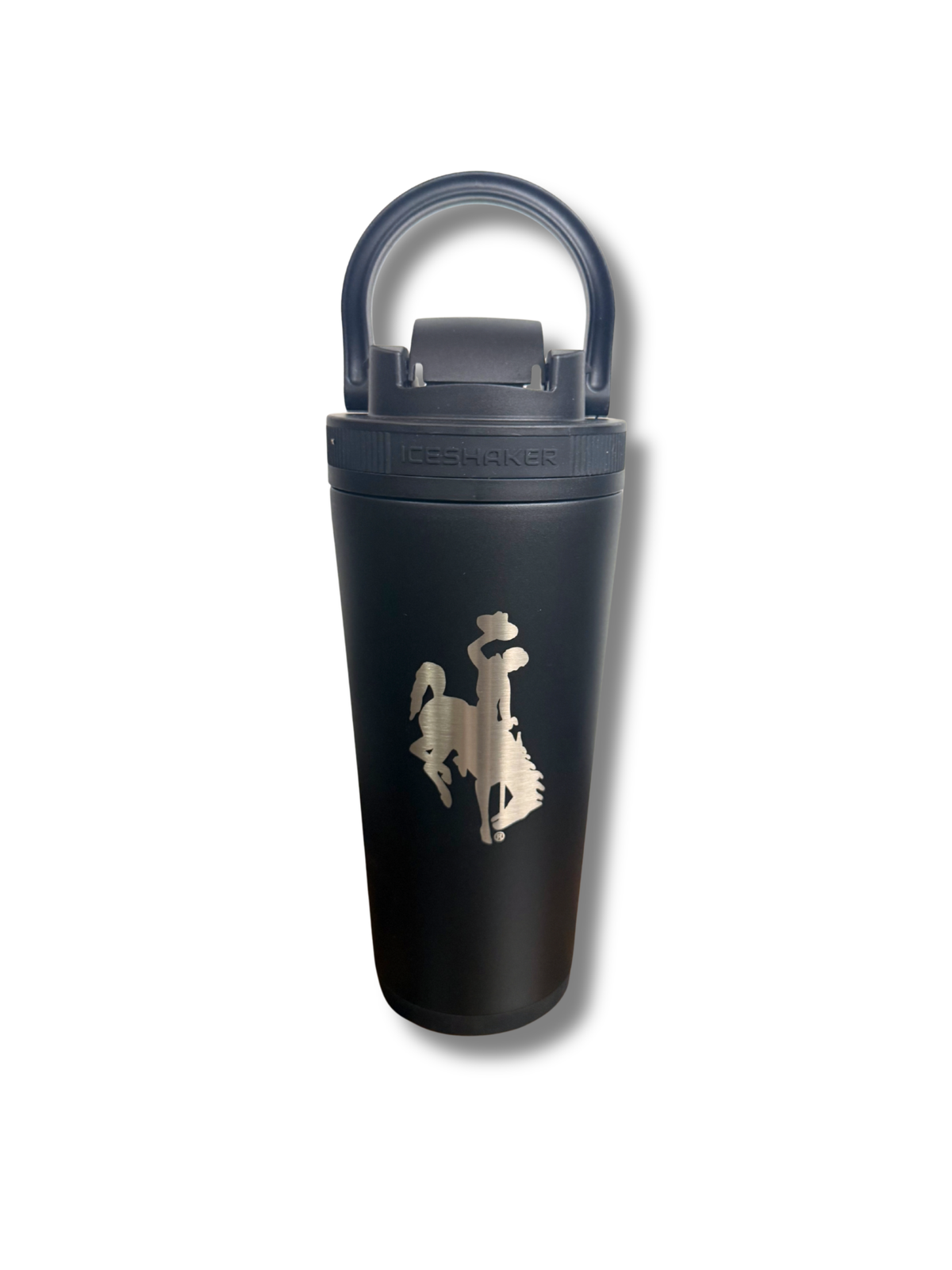 black shaker bottle with flip top lid and a handle to carry. has etched bucking horse in silver on side