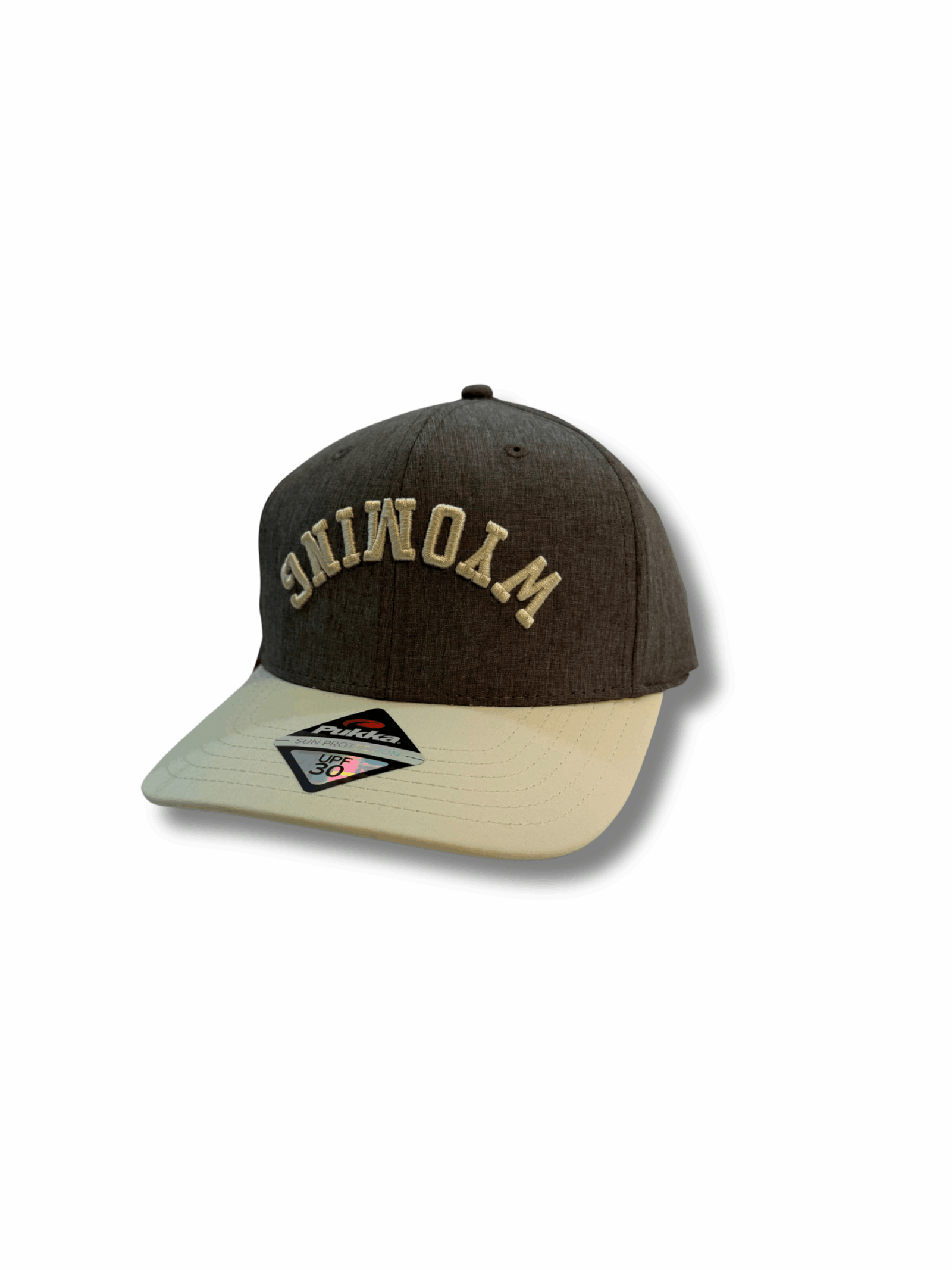 dark grey hat with cream bill. has cream embroidered lettering on front panel