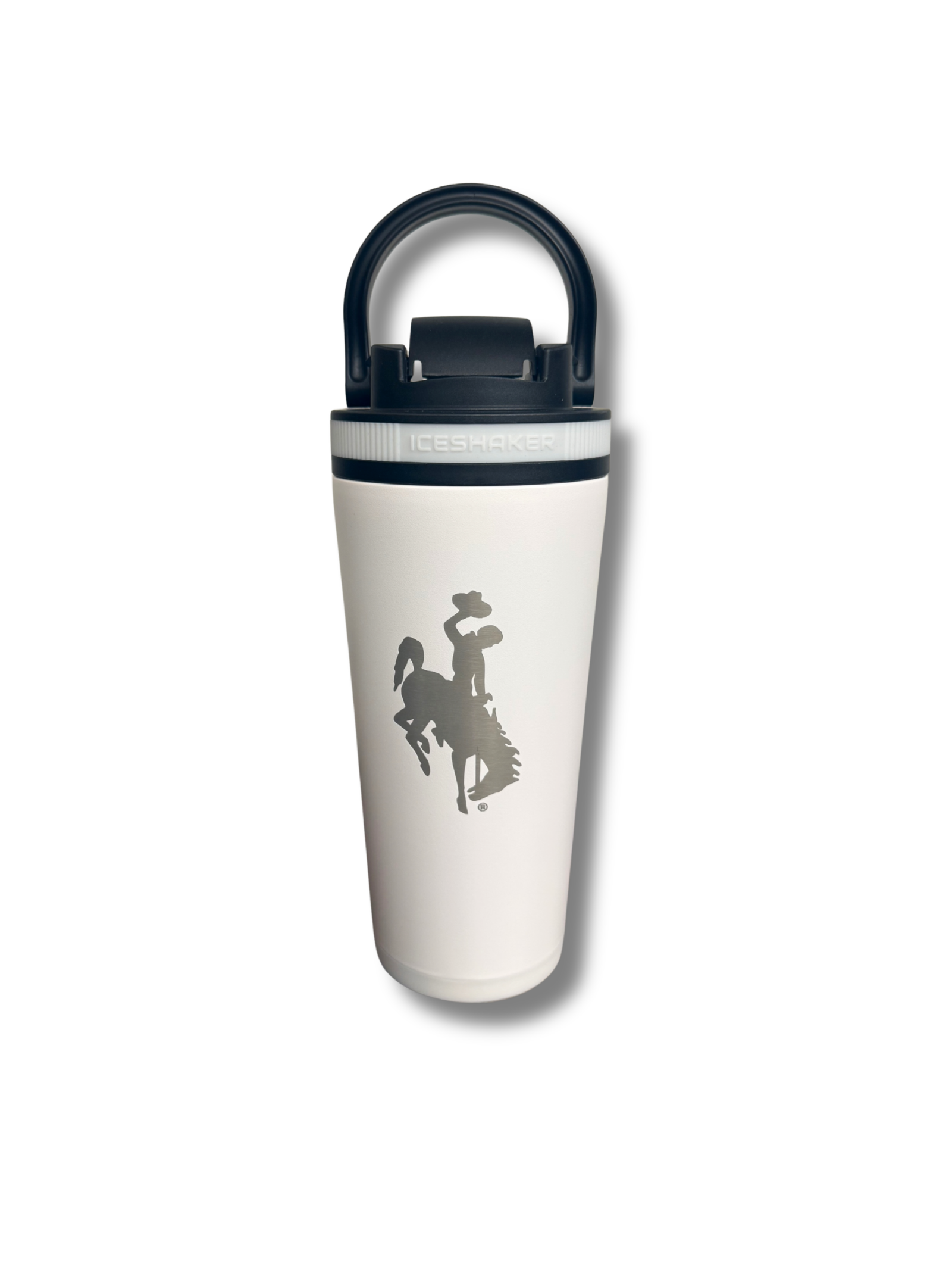 white shaker bottle with black lid.has flip top lid. has etched bucking horse that is silver
