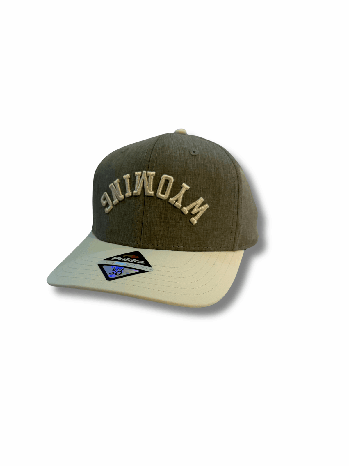 grey hat with cream bil. has cream embroidered wyoming lettering on front panel.