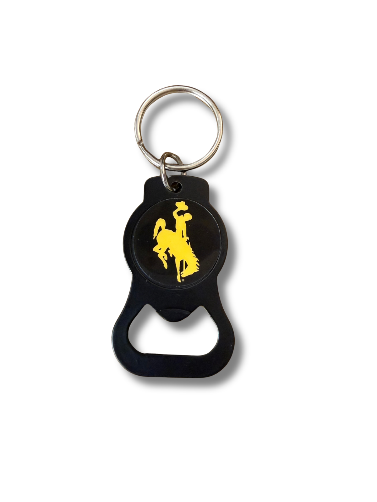 black keychain with a bottle opener. has a silver key ring to attach to keys. gold bucking horse on center of keychain