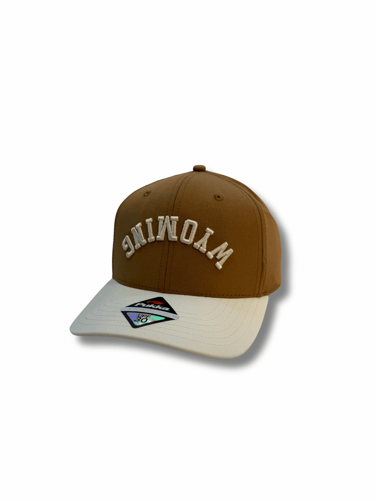 camel and cream hat with wyoming lettering on the front panel in cream