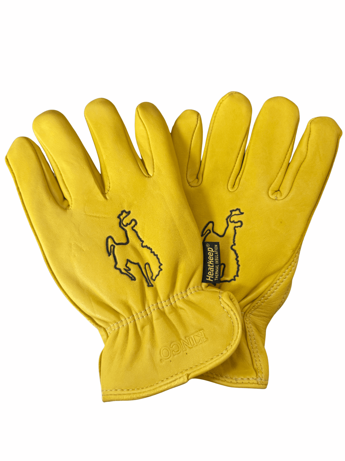 Pair of tan deer skin gloves. have embroidered outline of bucking horse on back of both hands in brown