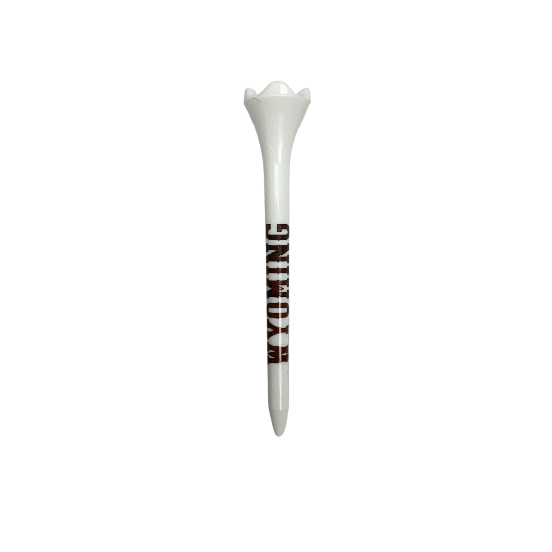 Front of white golf tee, design is brown word Wyoming along side of tee