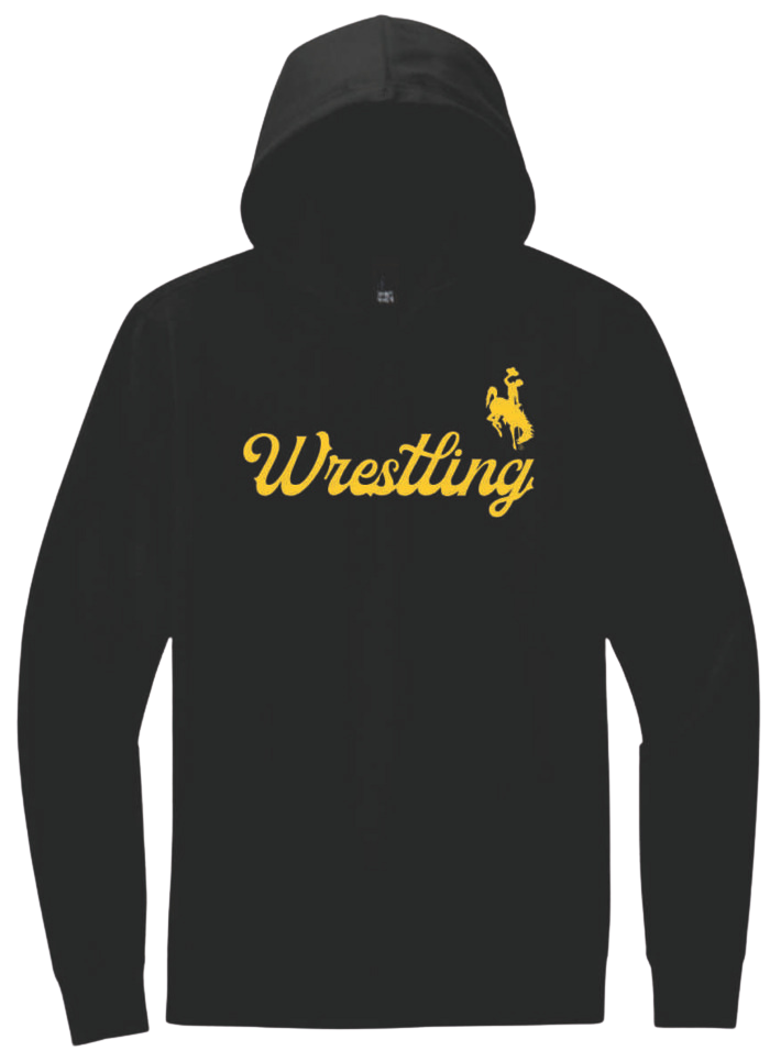 black hooded sweatshirt with gold design center chest. design is wrestling in script with bucking horse on top left of design