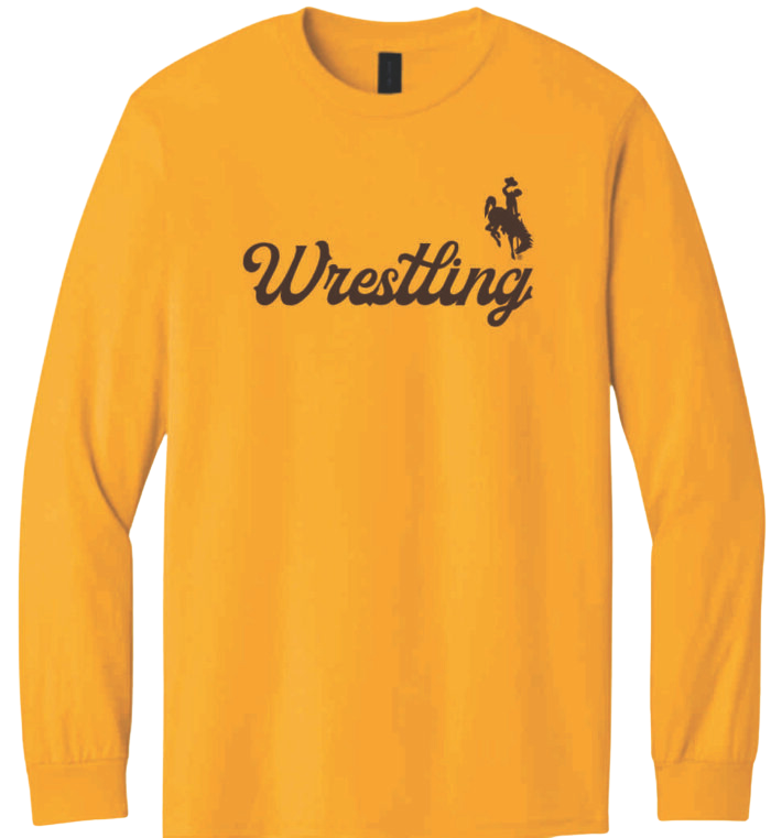 gold long sleeve shirt with brown design center chest. design is cursive wrestling with bucking horse on top left of design