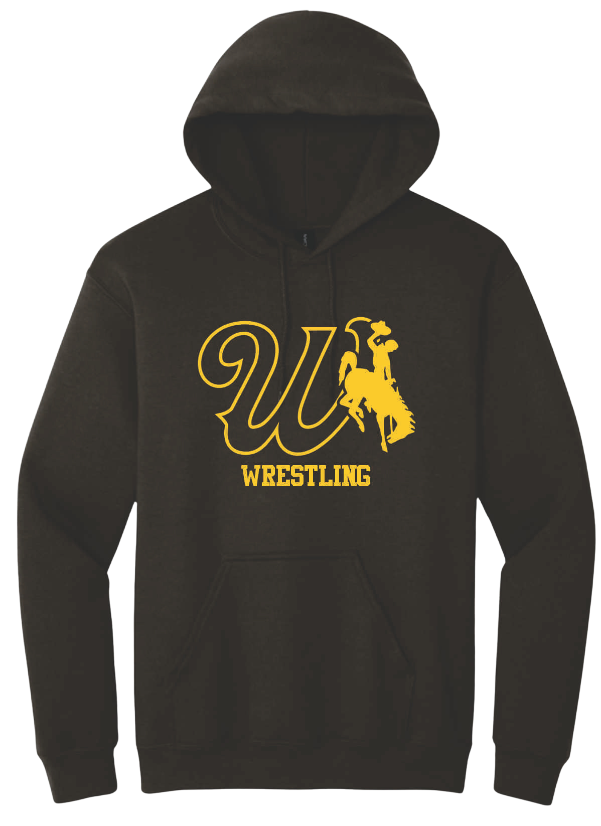 Brown hooded sweatshirt with gold design center chest. design is cursive outline of w with bucking horse on right. has wrestling lettering below.