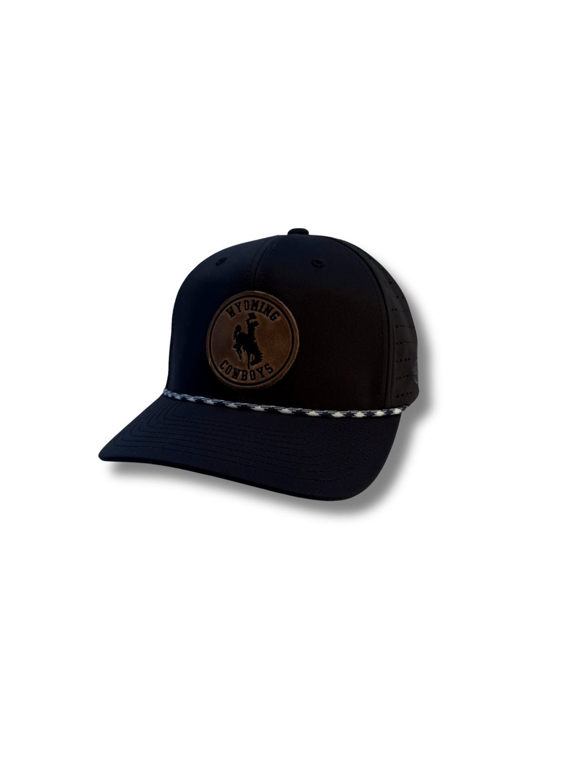 black adjustable hat with white rope on bill. has circle leather patch on front panel that says wyoming cowboys