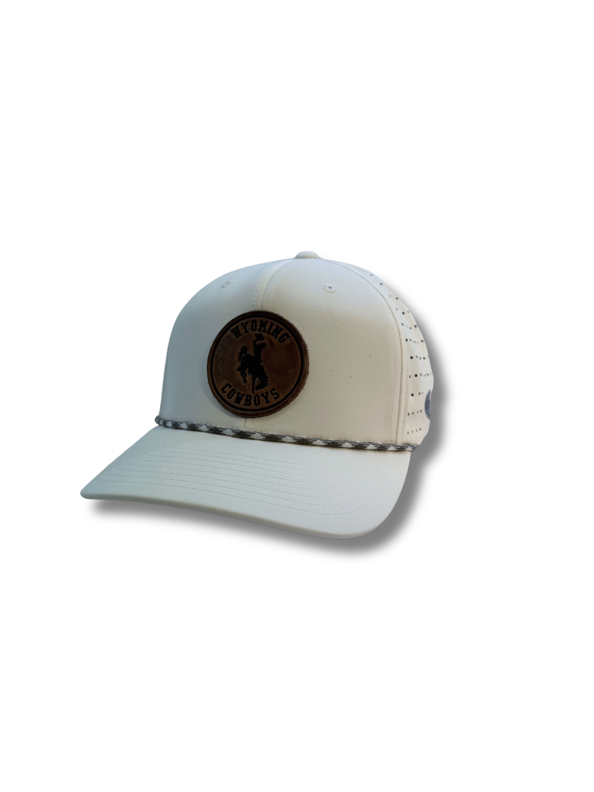 white adjustable hat with grey rope on bill. has circle patch on front panel with wyoming cowboys on it.