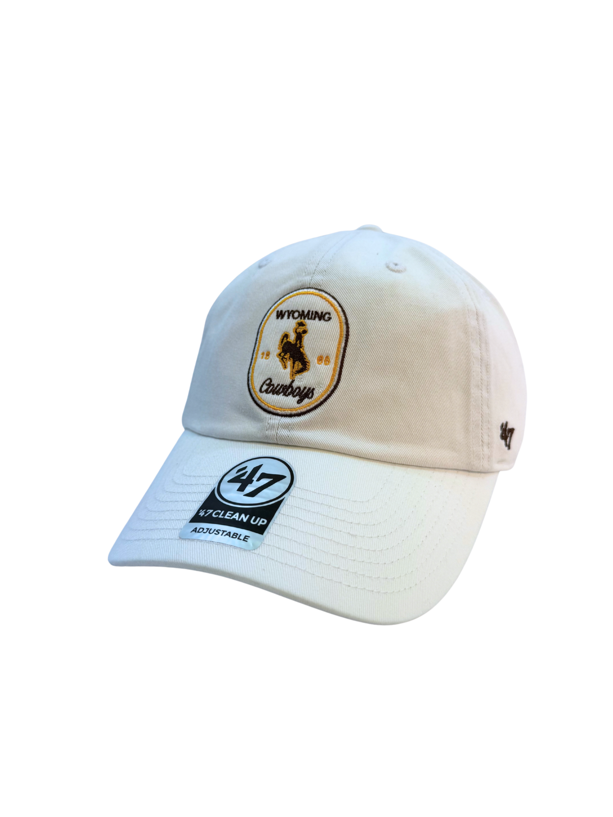 white adjustable hat with patch on front panel. patch is wyoming bucking horse cowboys in brown stating with gold outline. brown and gold outline of patch