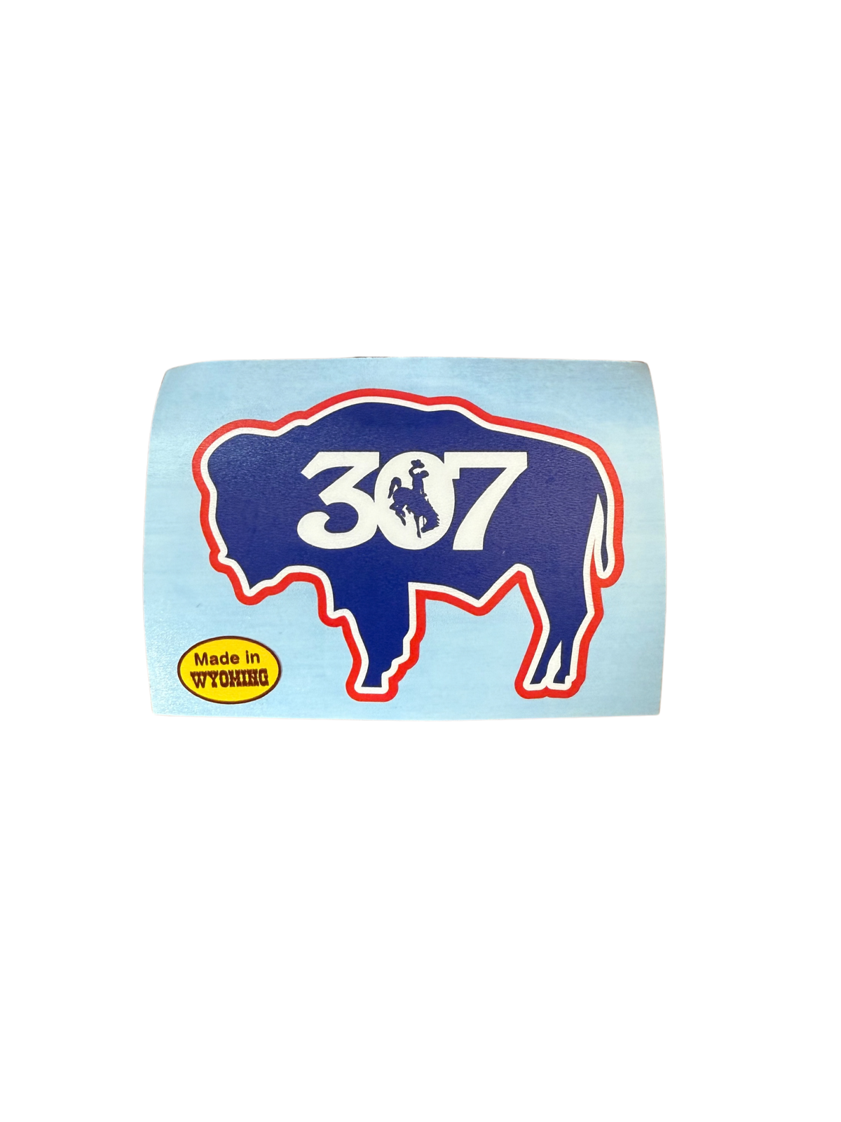 4 inch wide vinyl decal of outline of buffalo in red with white double outline. blue fill and has white 307 with bucking horse in the 0