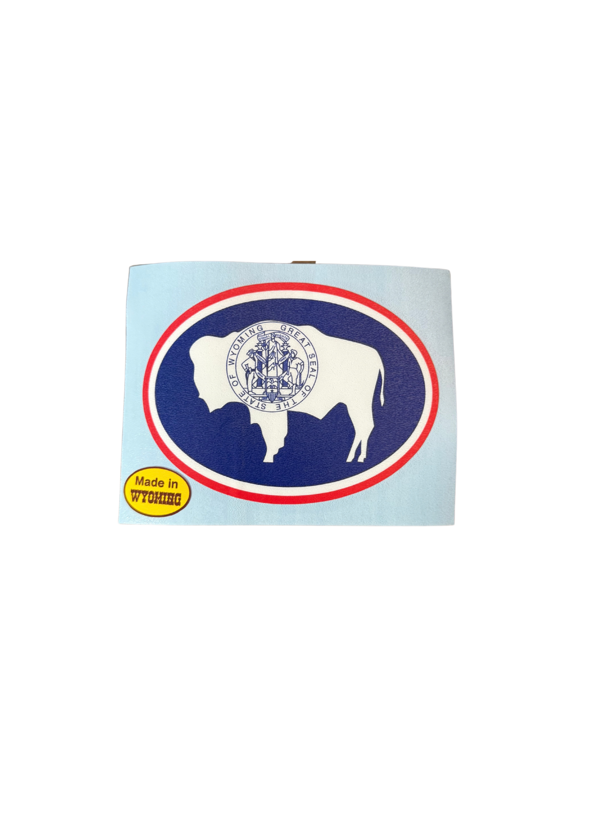4 inch vinyl oval decal with red and white double outline. has white state buffalo in the middle with a navy fill background.
