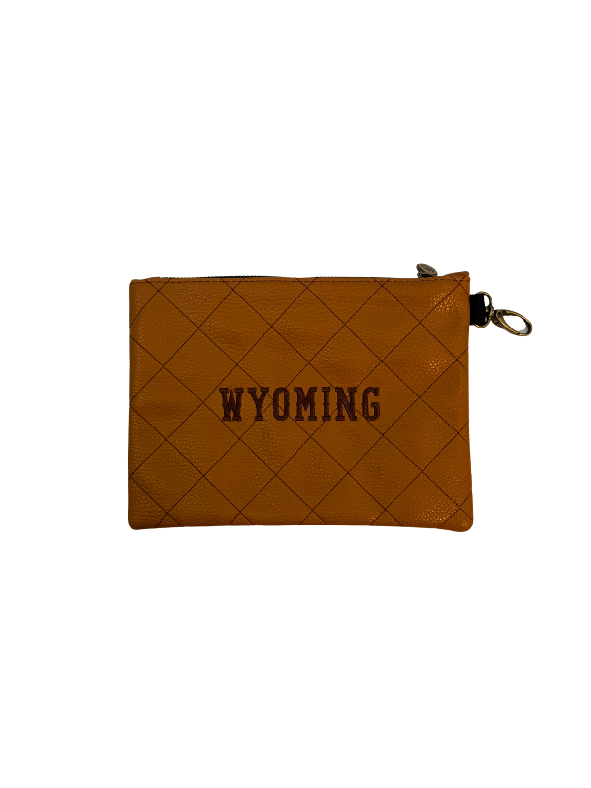 Brown quilt stitch zip tote bag with wyoming lettering embroidered in brown in the center. has zipper on top with carabiner to attach to strap on left side