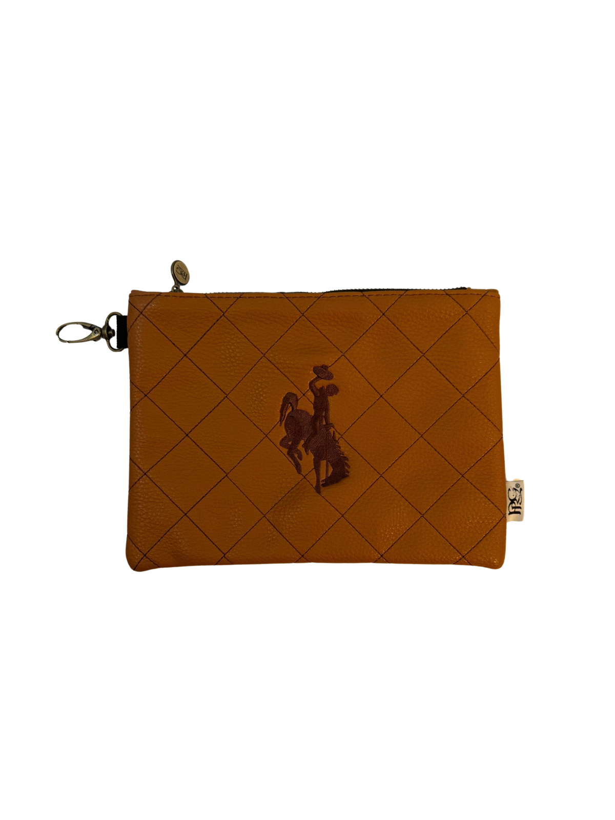 brown quilted tote pouch with brown quilted stitching. has brown embroidered bucking horse on center of pouch. carabiner on right side to attach to strap and zipper on top