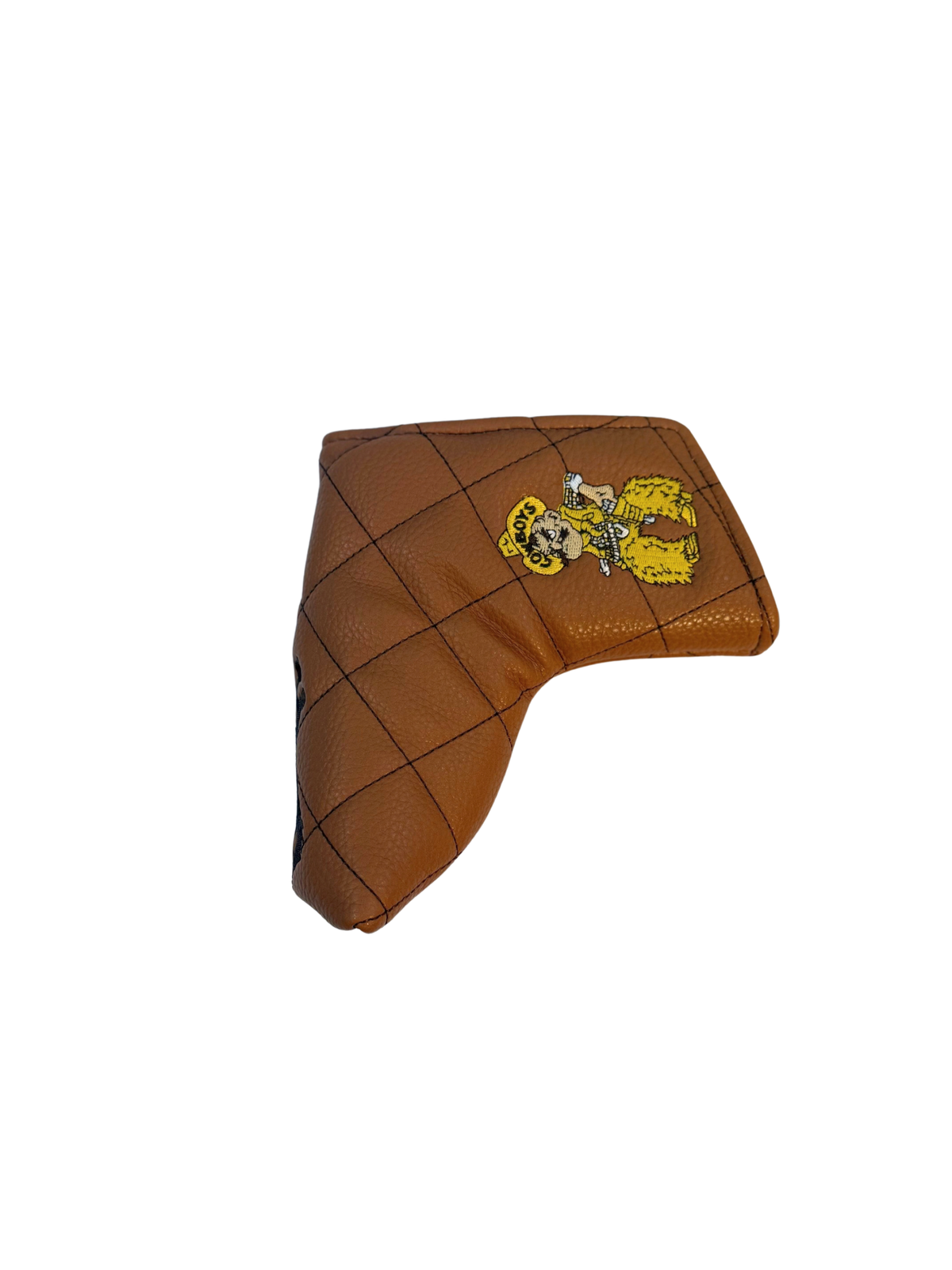 brown leather blade putter cover with brown quilted stitching all around. has pistol pete embroidered on side of putter cover.