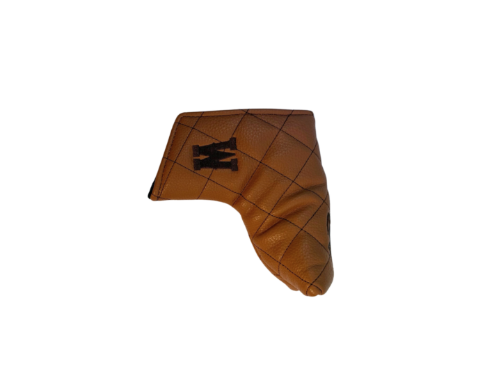 left view of brown blade putter cover. has brown quilted design all over it. has brown w embroidered on side of cover