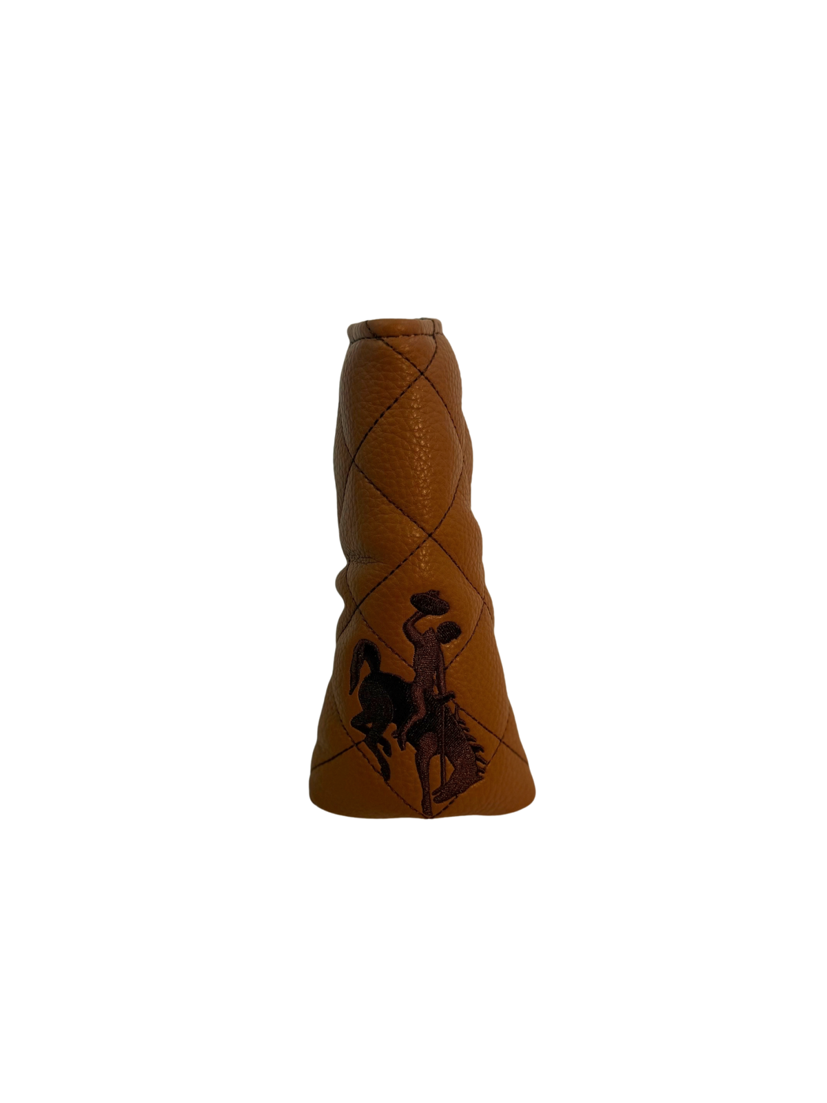 top view of blade putter cover with brown quilted stitching design. top of cover has brown embroidered bucking horse