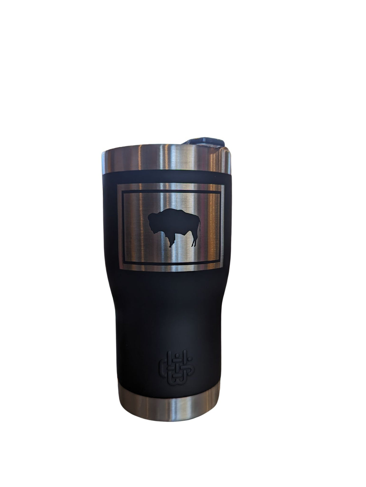 Black 20-ounce tumbler bottle with etched state flag on front.