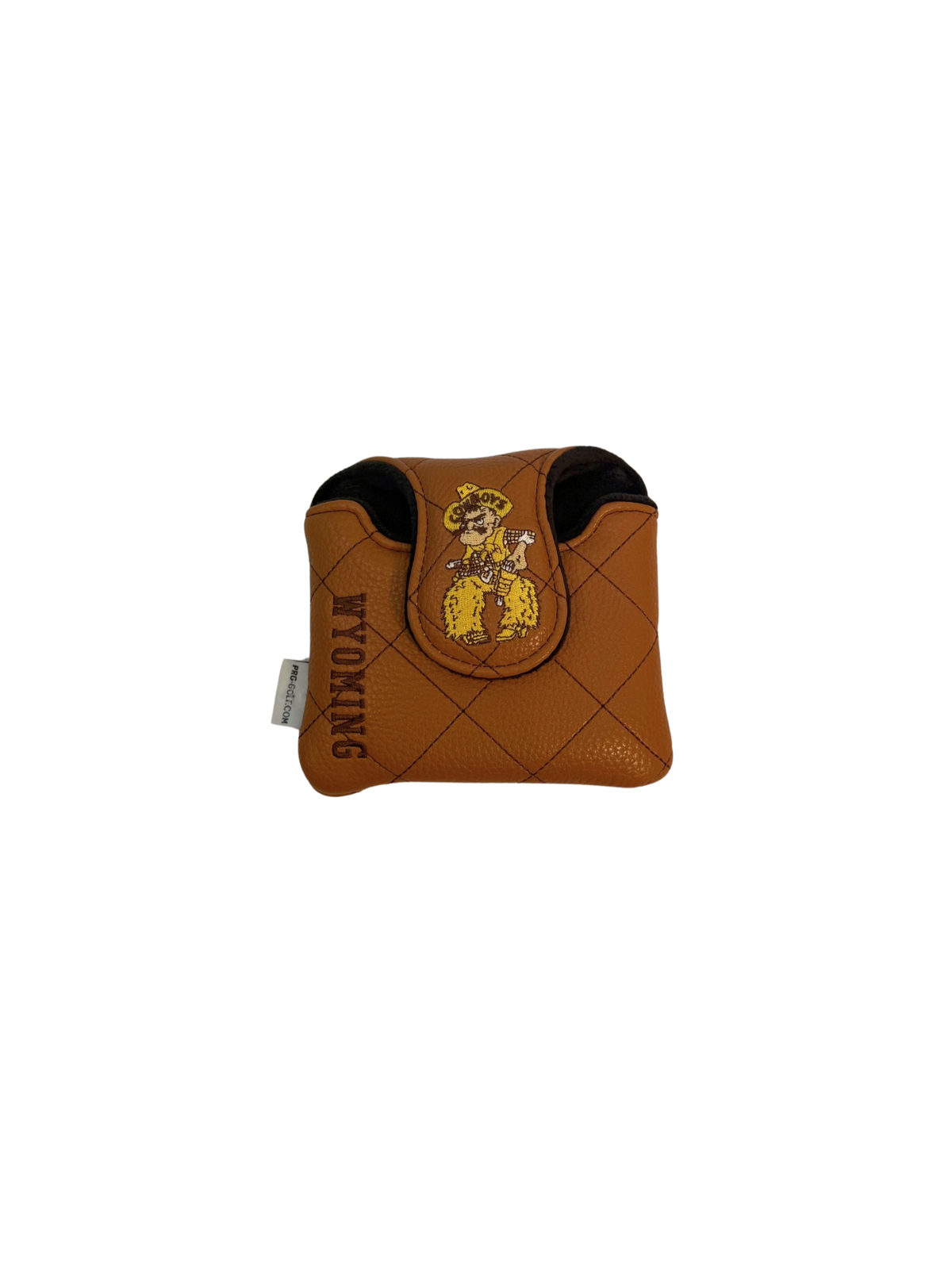 back of brown leather mallet putter cover. has pistol pete embroidered on strap and wyoming lettering embroidered in brown on the left side