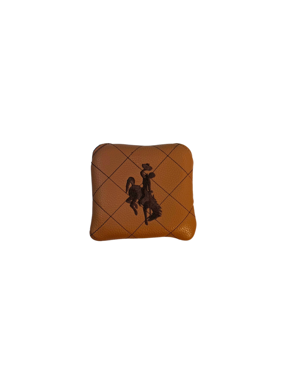 front of brown leather mallet putter cover. has brown quilted stitching all over and brown embroidered bucking horse centered on cover.