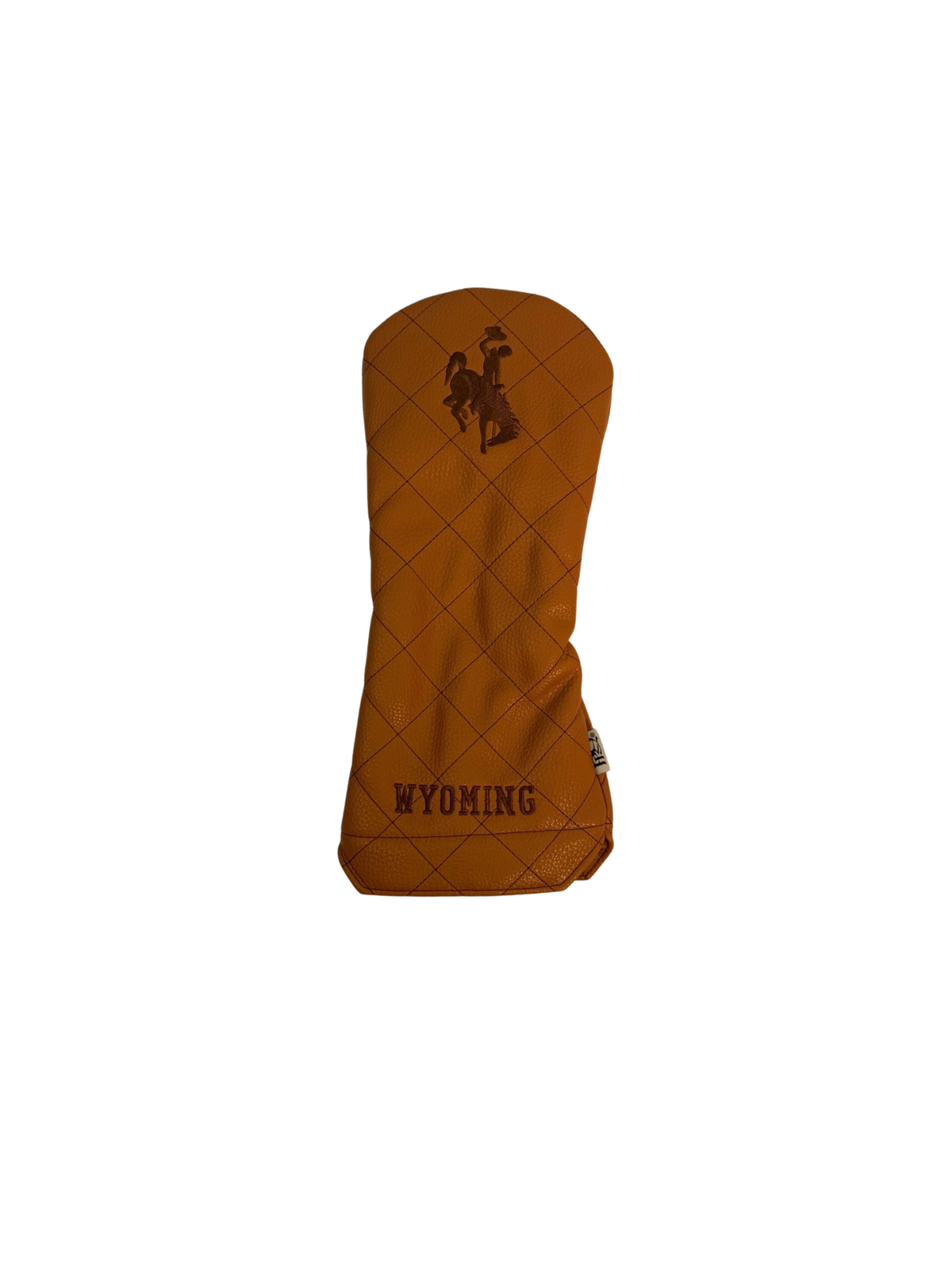 front of brown leather headcover with brown quilted stitching all over. has brown embroidered bucking horse centered on top with brown embroidered lettering centered at bottom