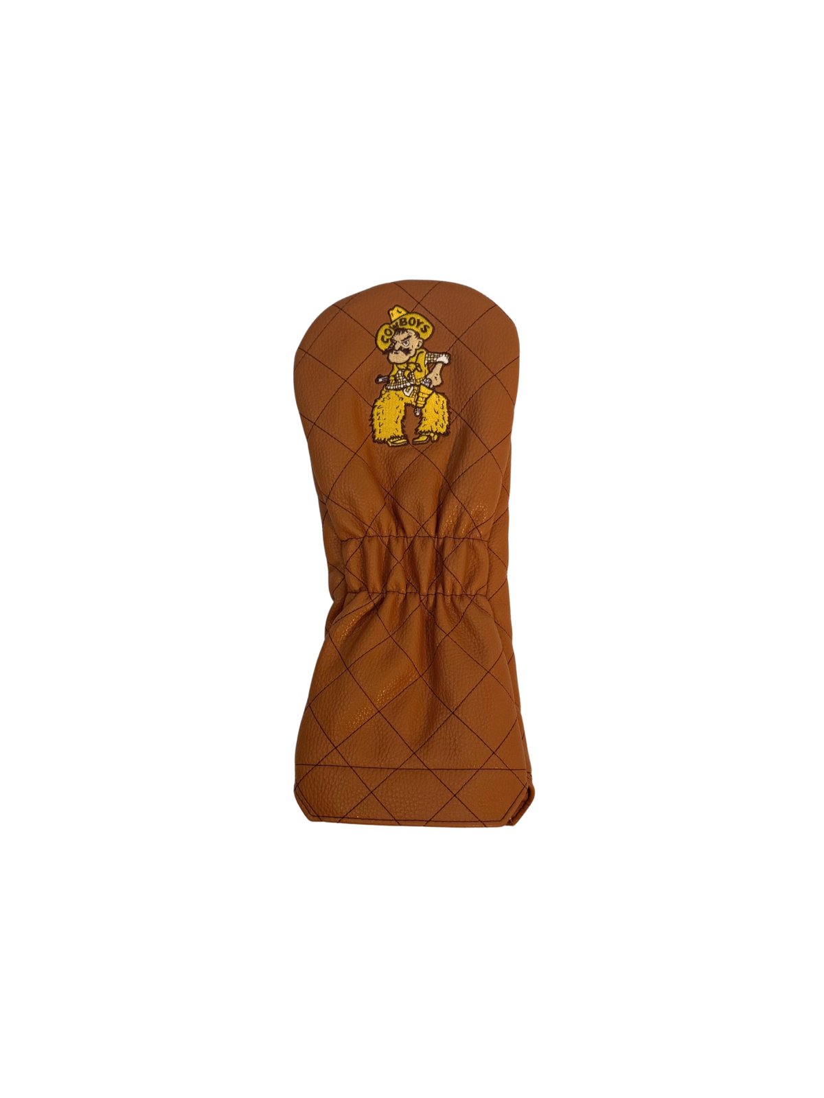 back of brown leather headcover with brown quilt stitching all over. has colored pistol pete centered at the top of the cover.