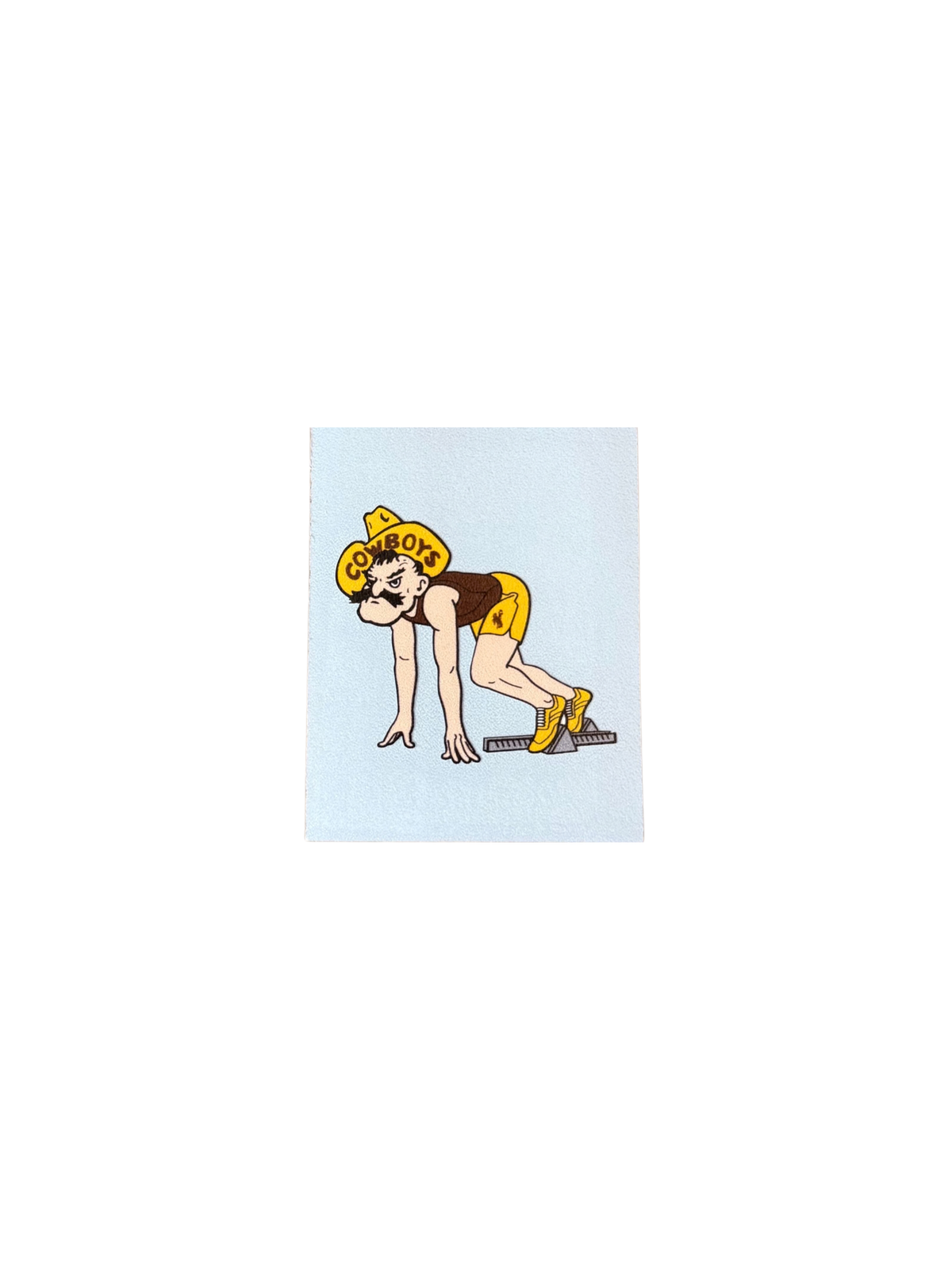 1.7 inch decal of pistol pete in track blocks getting ready to run a race.