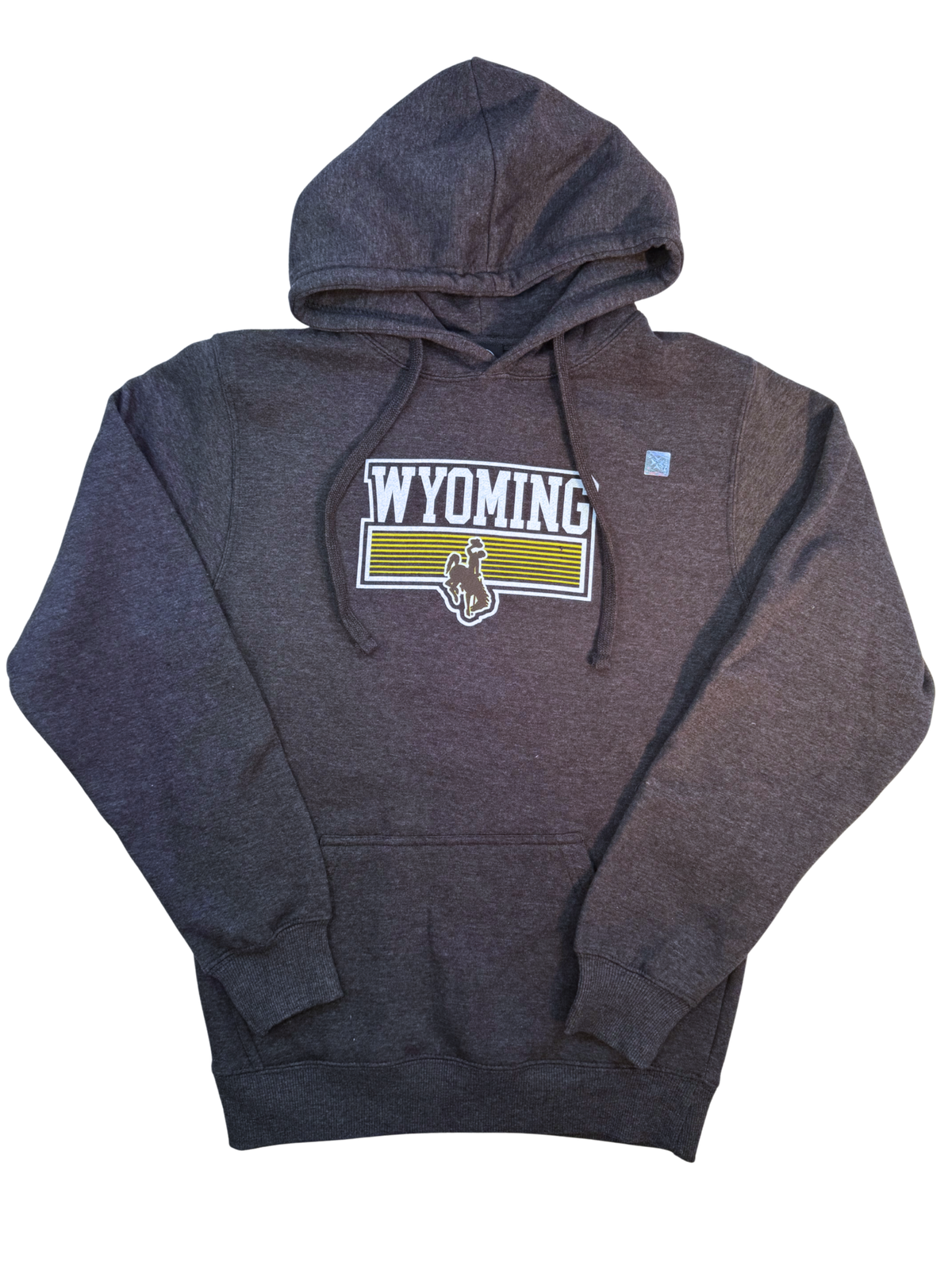 heather grey hooded sweatshirt with design center chest. design is wyoming lettering in white with gold lines below and brown bucking horse in the gold lines.