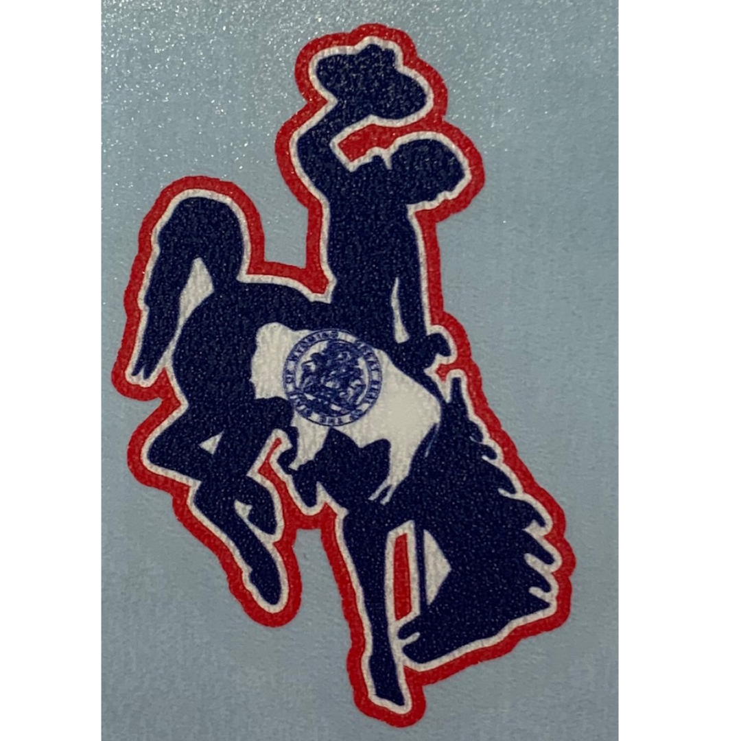 decal of the Wyoming state flag in the shape of bucking horse, 1.7 inches tall