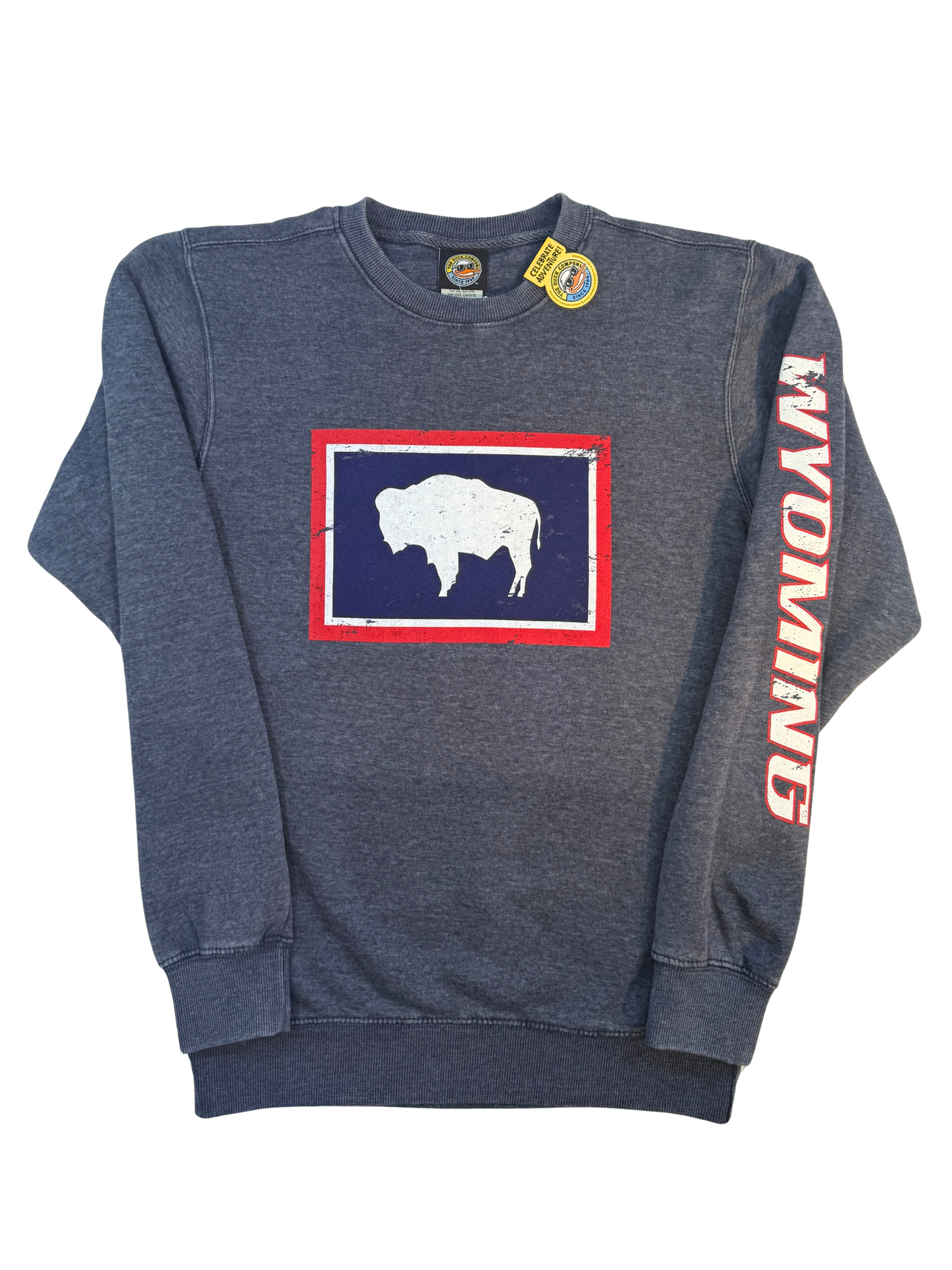 navy crewnexk with red white and blue wyoming state flag center chest. has white wyoming lettering with red outline going down left sleeve