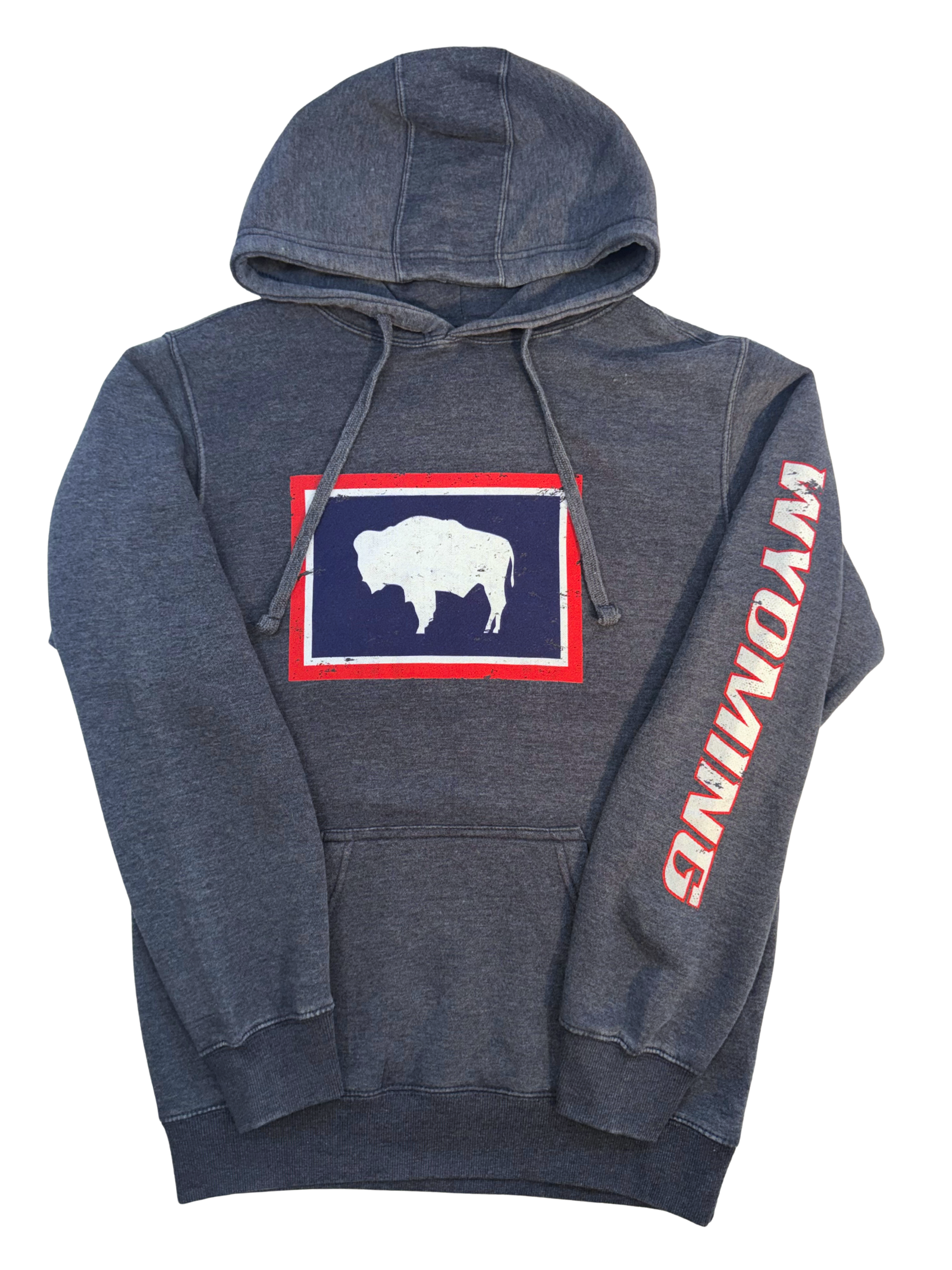 Navy hooded sweatshirt with red, white, and blue wyoming state flag center chest. has wyoming lettering in white with red outline going down left sleeve.