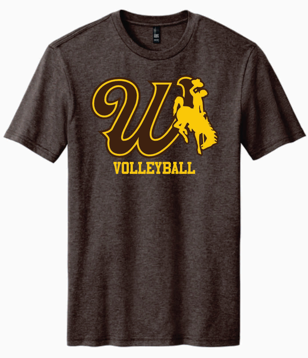 brown short sleeve with design center chest. design is brown W in brown with gold bucking horse to the left. has gold volleyball lettering below
