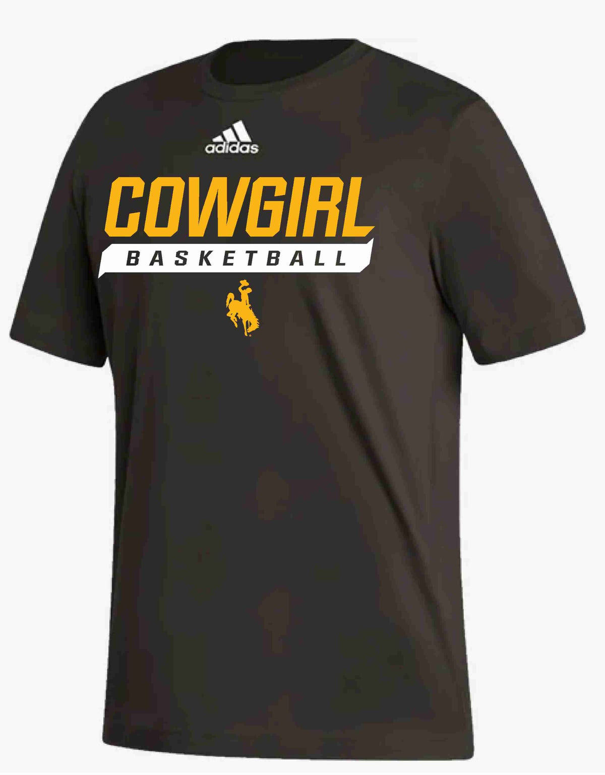 Brown adidas tee with design center chest. design is gold cowgirl lettering with white box and basketball lettering inside below. gold bucking horse at bottom and white adidas logo at top