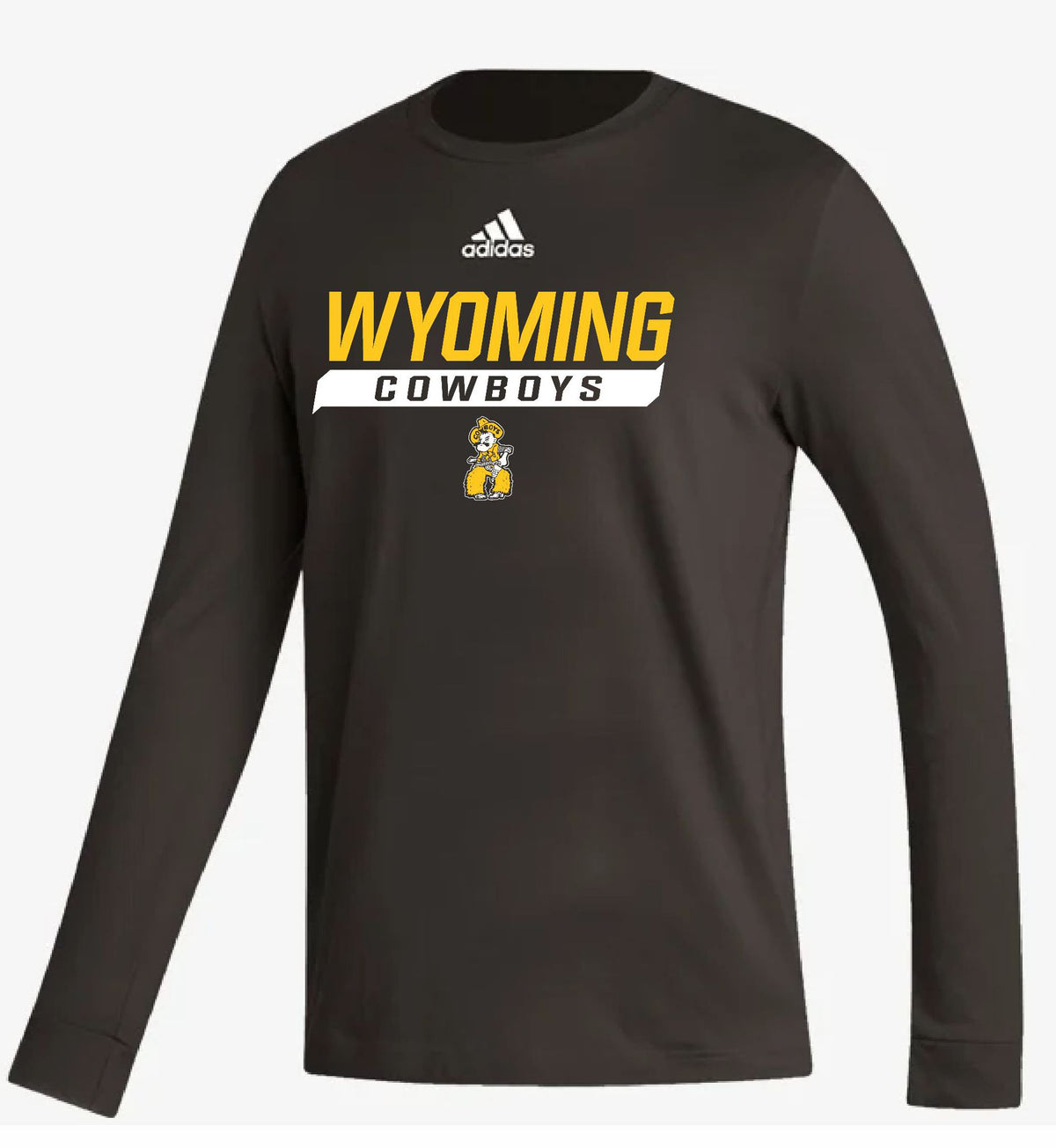 brown adidas long sleeve. design center chest. design is white adidas logo above gold wyoming lettering above cowboys outlined in white and pistol pete below