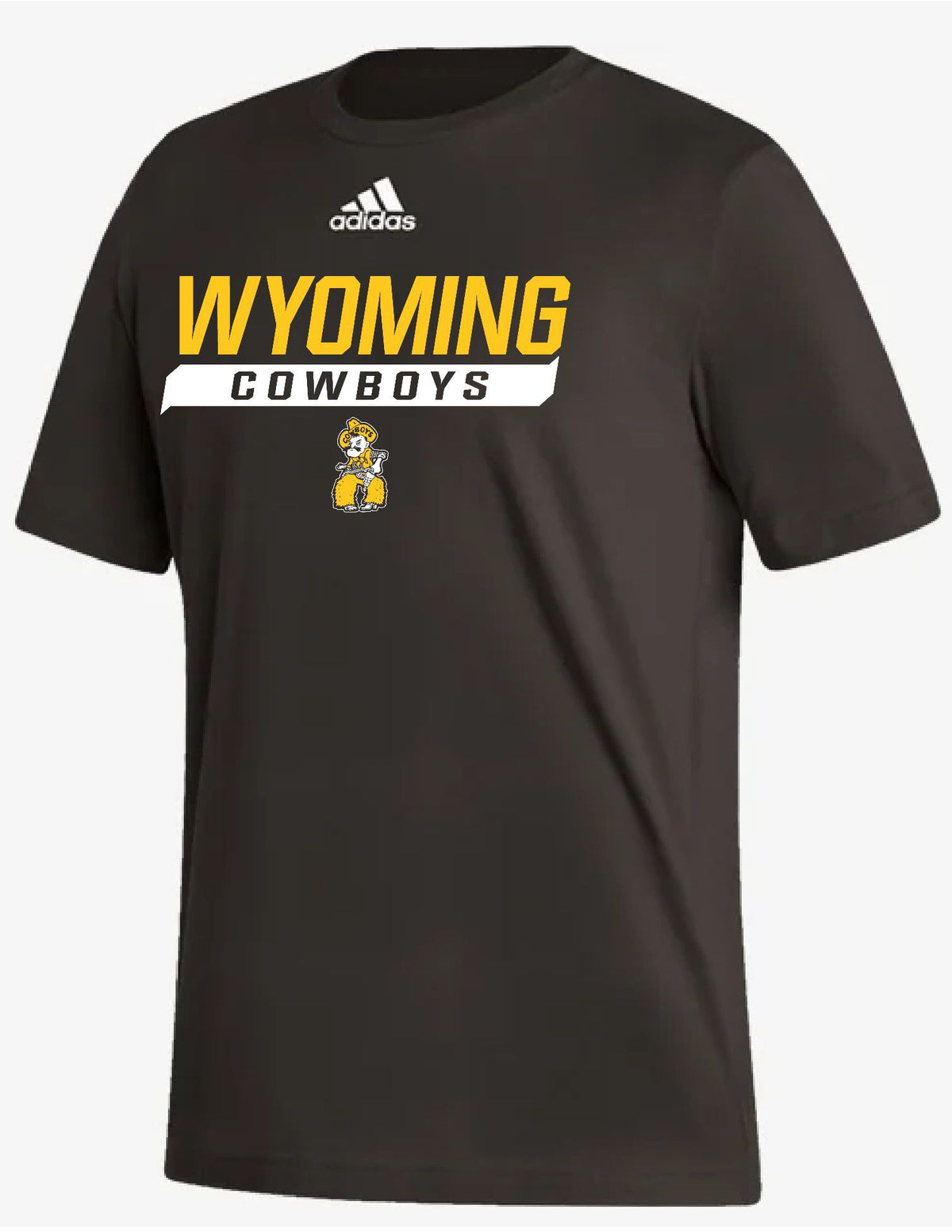 brown adidas short sleeve. design center chest. design is white adidas logo above gold wyoming lettering above cowboys outlined in white and pistol pete below