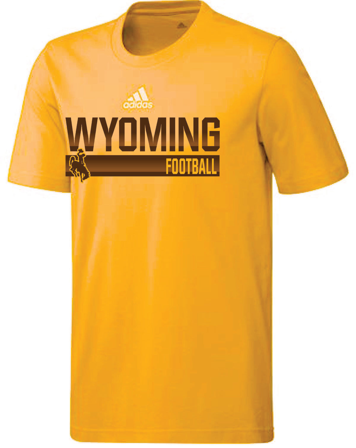 gold adidas short sleeve. has design center chest. design is white adidas logo above brown gradient wyoming lettering with football below and bucking horse to the left of that