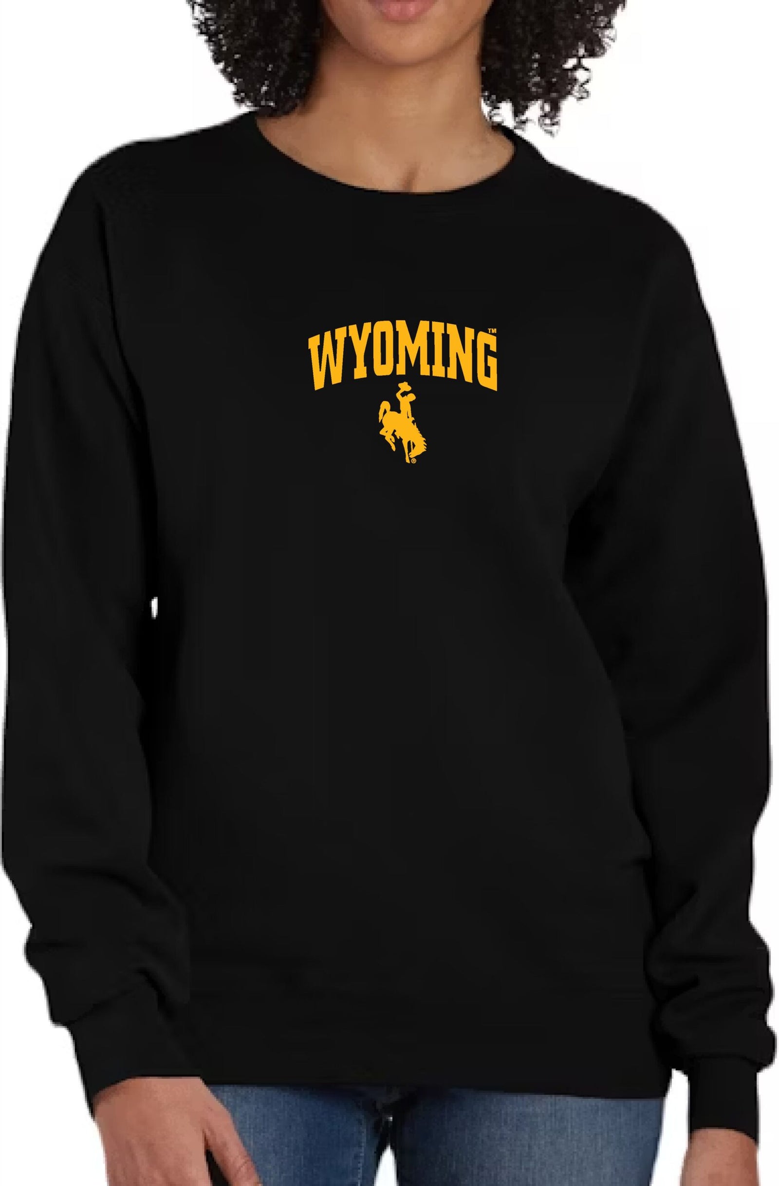 black women's crewneck with gold design center chest. design is wyoming lettering with bucking horse below