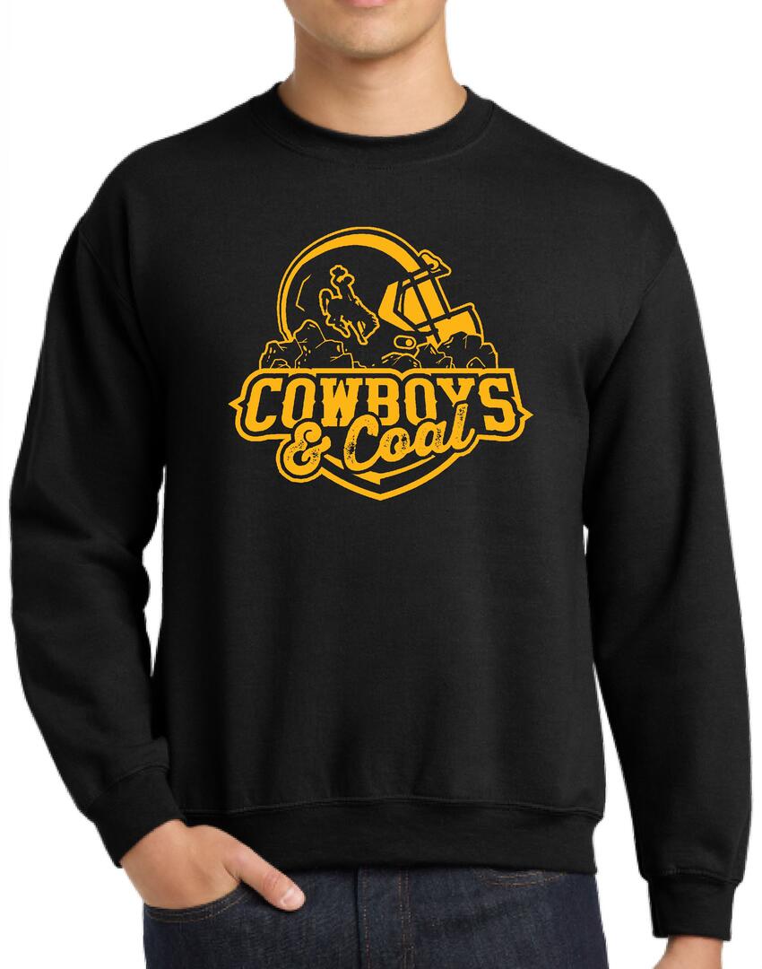 black crewneck with gold design center chest. design is football helmet with bucking horse on side sitting on coal with cowboys lettering below and coal lettering below that