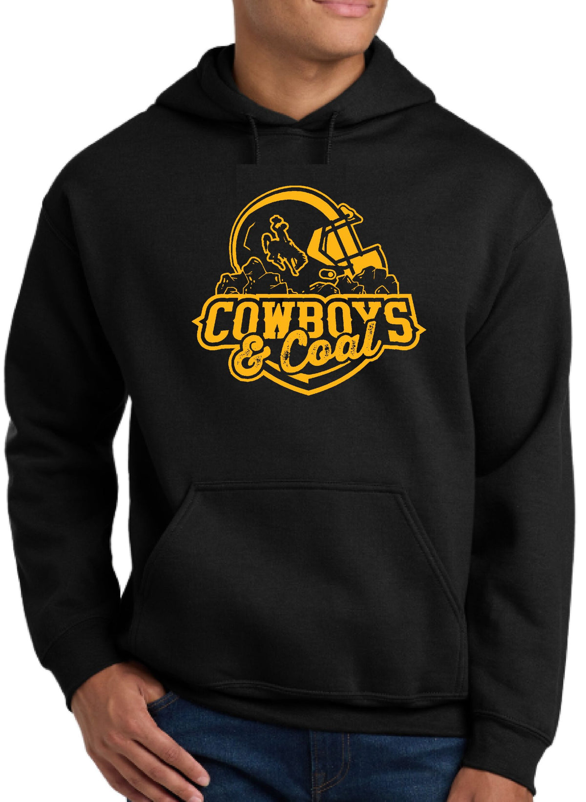 black sweatshirt with gold design center chest. design is football helmet with bucking horse on side sitting on coal with cowboys lettering below and coal lettering below that