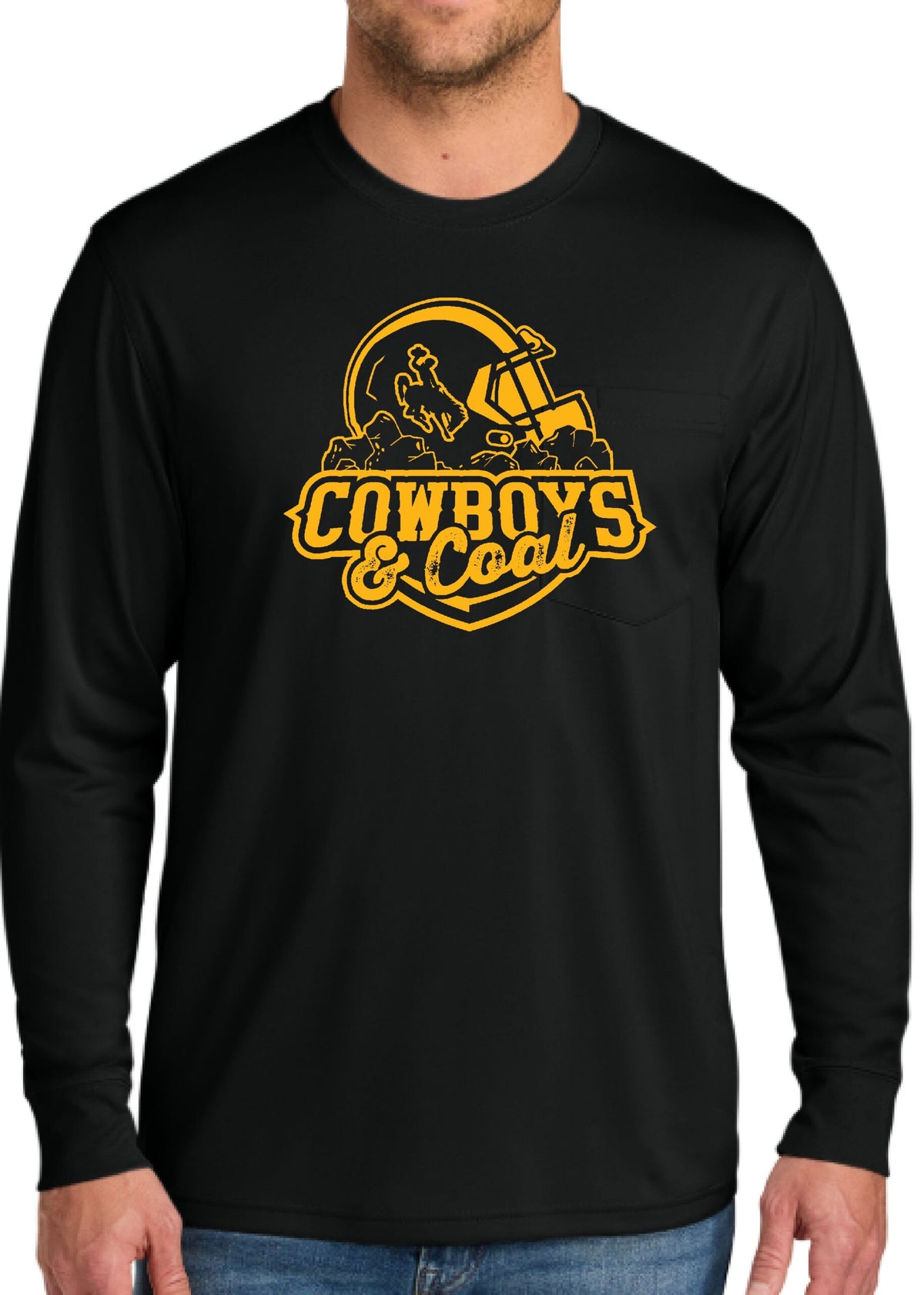 black long sleeve shirt with gold design center chest. design is football helmet with bucking horse on side sitting on coal with cowboys lettering below and coal lettering below that