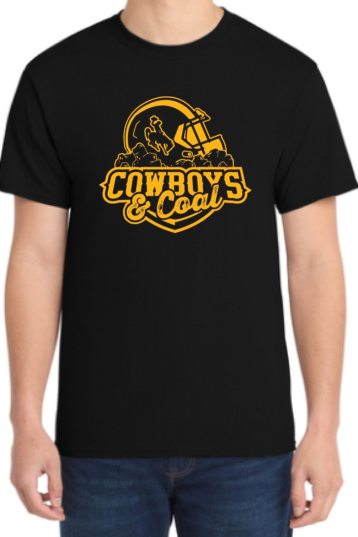 black tee shirt with gold design center chest. design is football helmet with bucking horse on side sitting on coal with cowboys lettering below and coal lettering below that