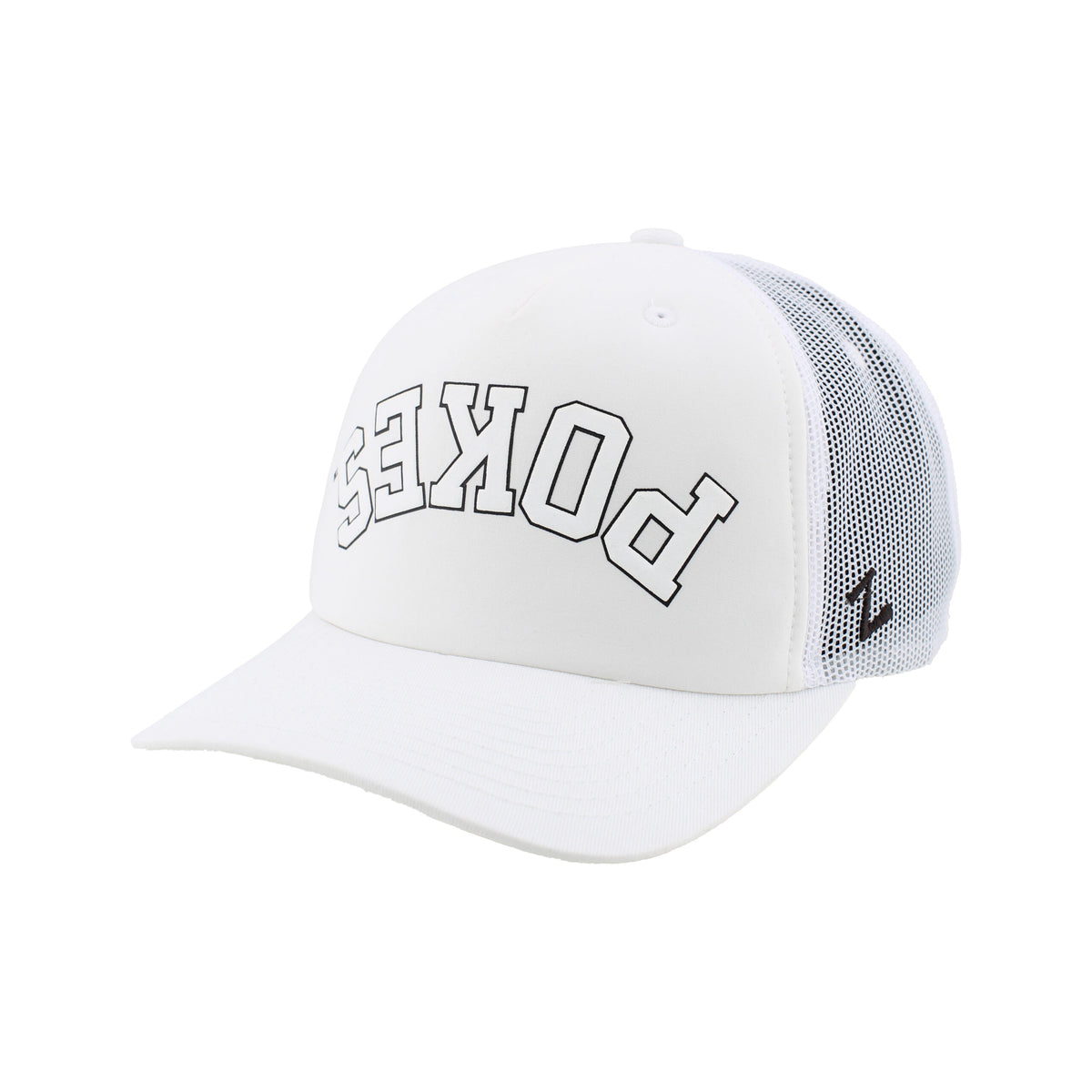 white hat with white mesh back. has upside down pokes lettering in white with brown outline