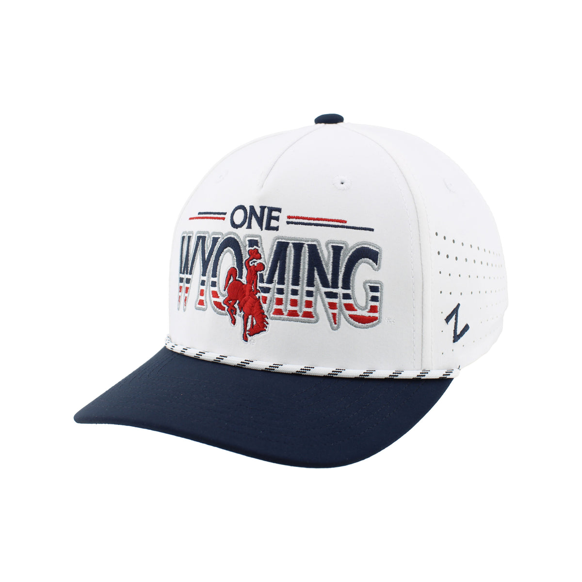 white adjustable at with navy bill. has white and navy rope. says one wyoming embroidered on front panel in navy and red. has red bucking horse centered