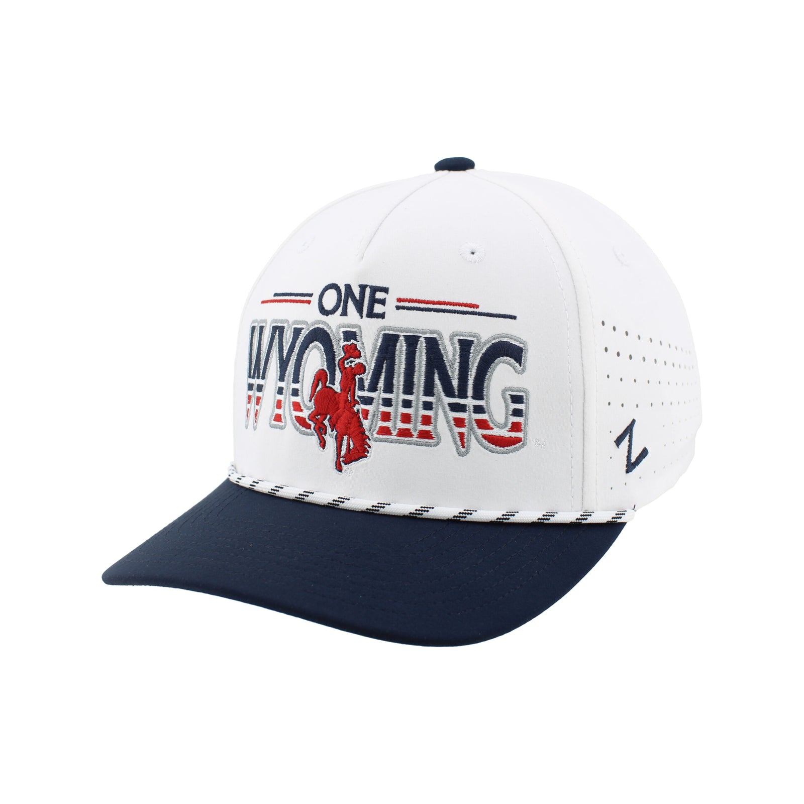 white adjustable at with navy bill. has white and navy rope. says one wyoming embroidered on front panel in navy and red. has red bucking horse centered